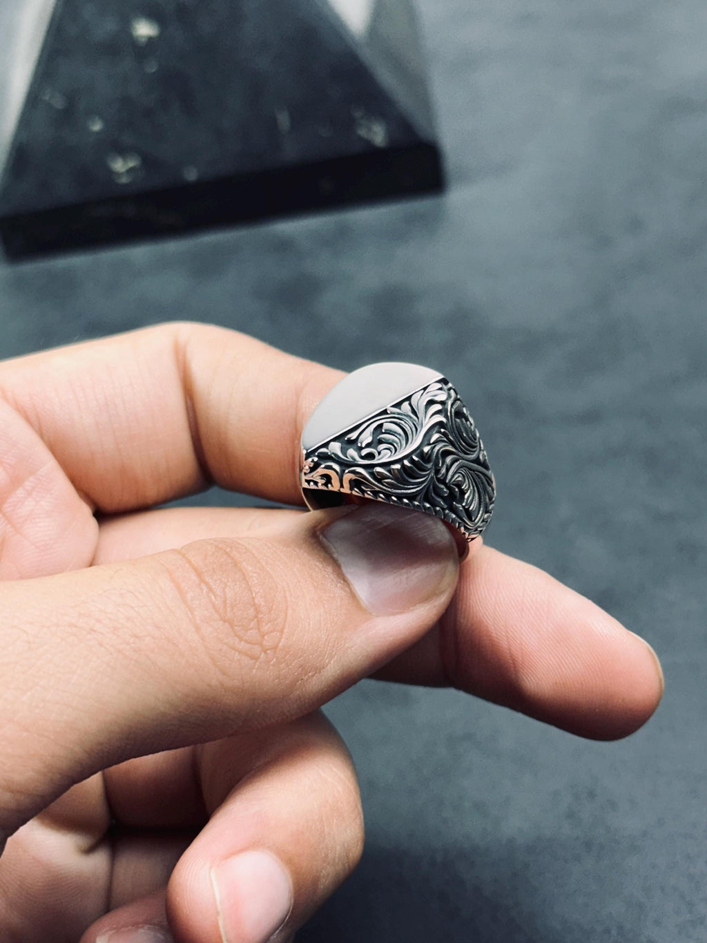 Sterling Silver Ring: Engraved Greek Style - Handcast Finish