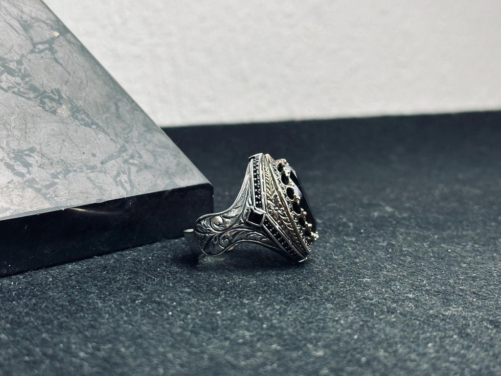 Oxidized Sterling Silver Ring: Handmade Zircon Men's Jewelry