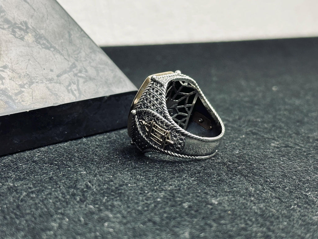 Geometric Men's Silver Ring - Blue Zircon Inset, Handmade