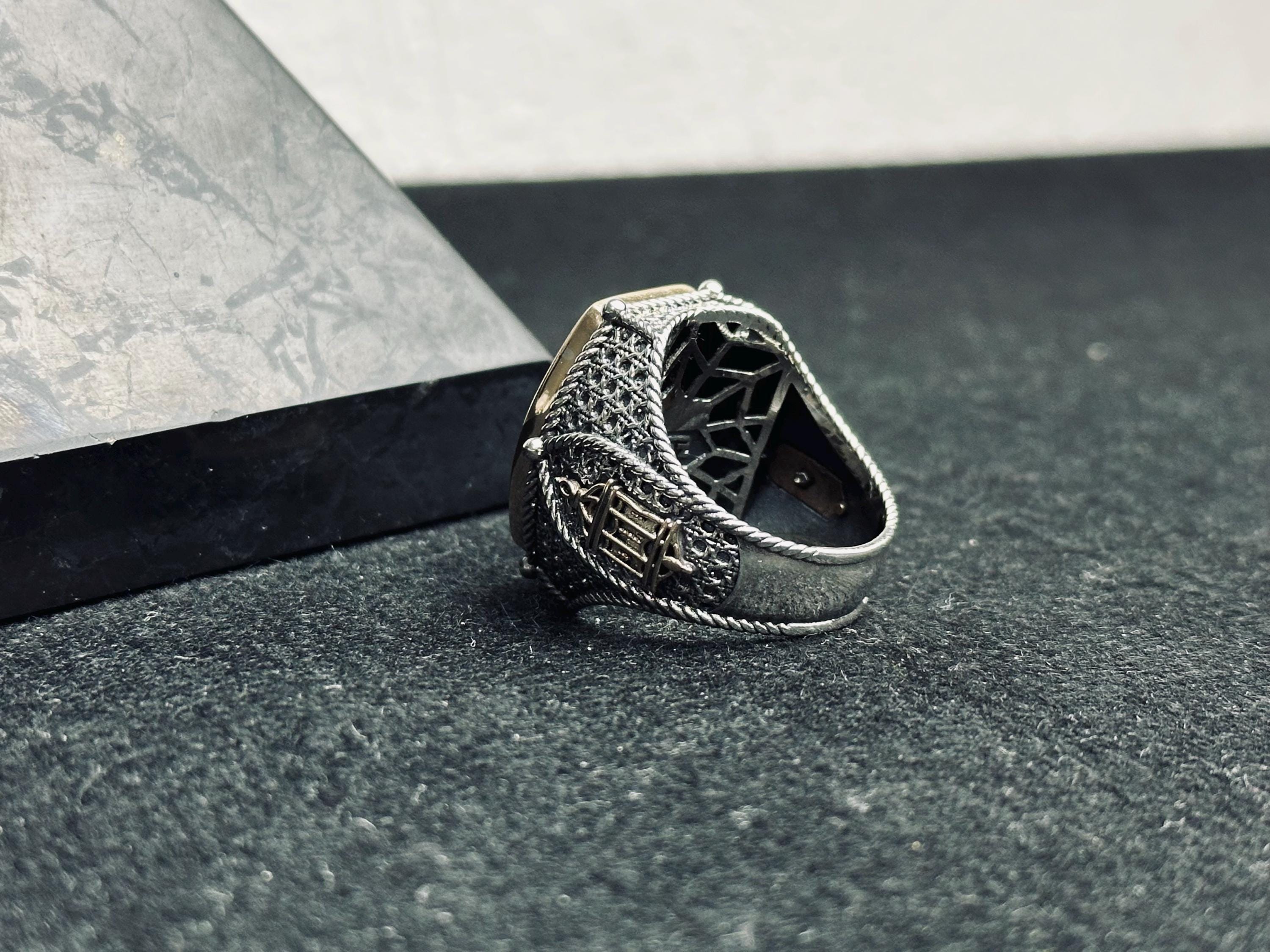 Geometric Men's Silver Ring - Blue Zircon Inset, Handmade