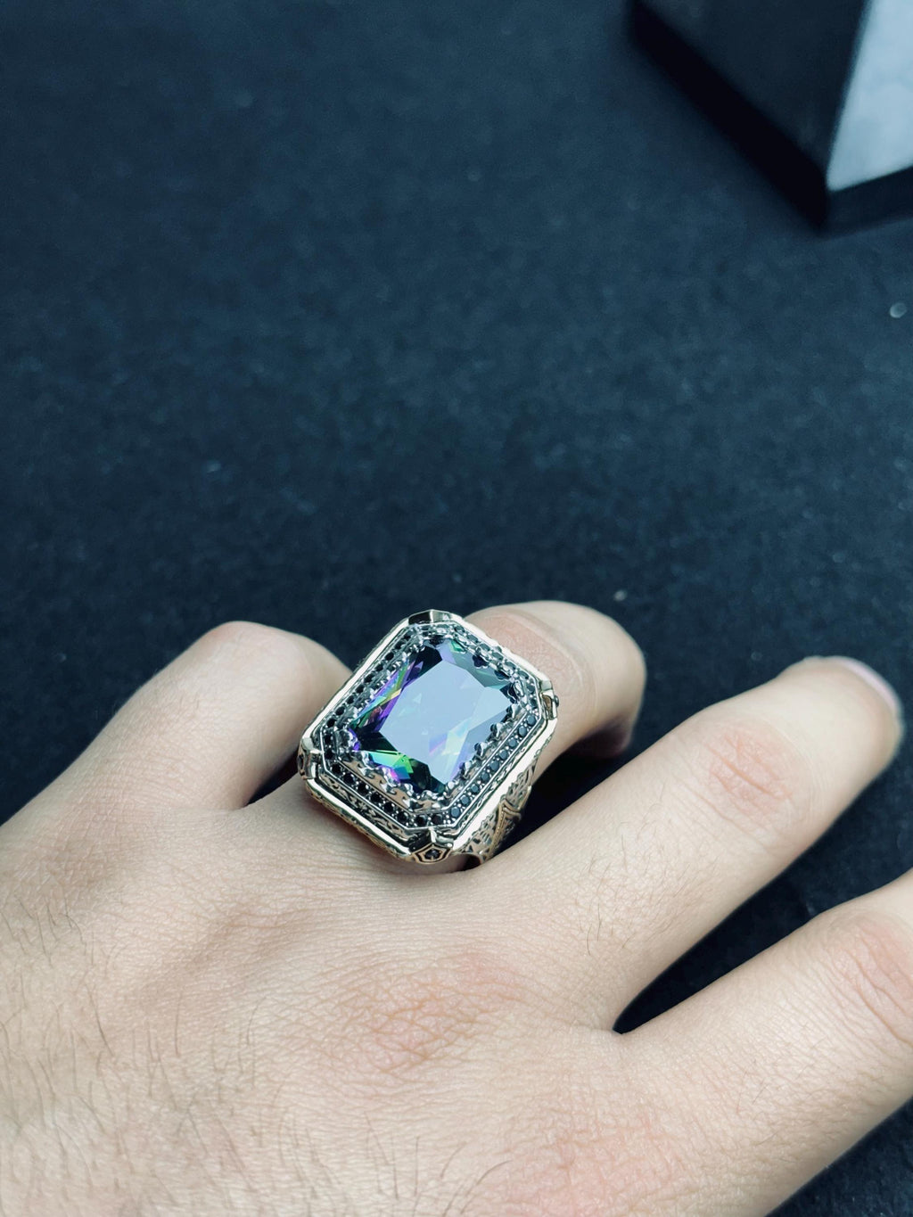 Square Mystic Topaz Ring: Color Changing Silver Statement Jewelry