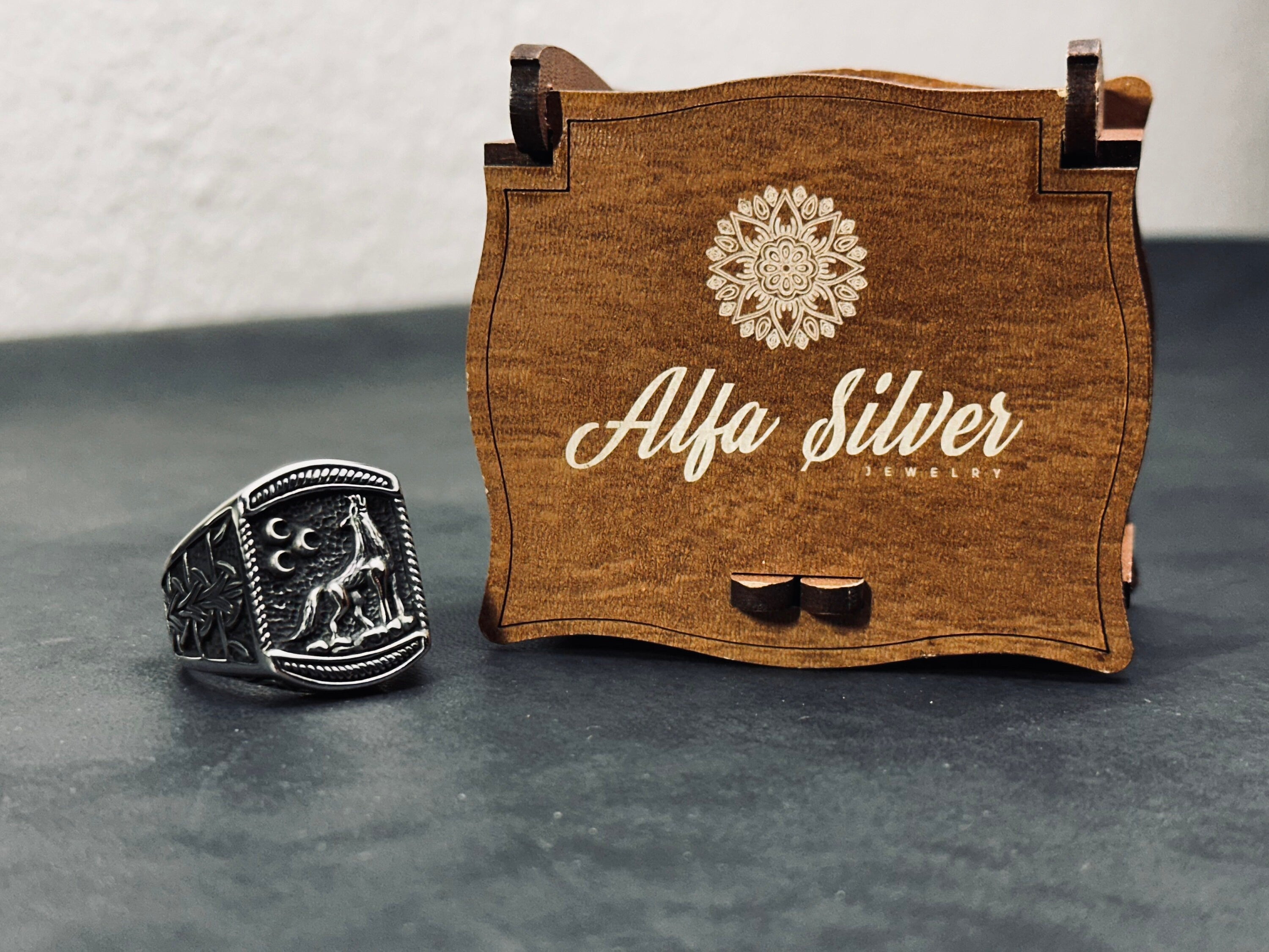 Wolf and Moon Ring: Sterling Silver Handmade - Celestial Detail