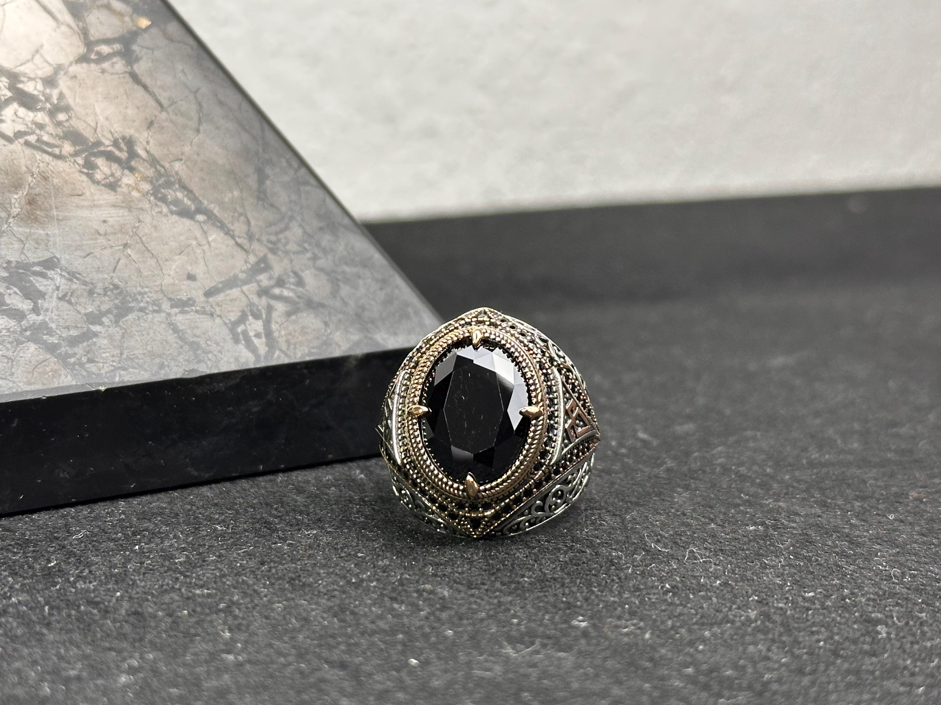 Men's Silver Ring: Handmade 925 Sterling - Black Zircon Stone