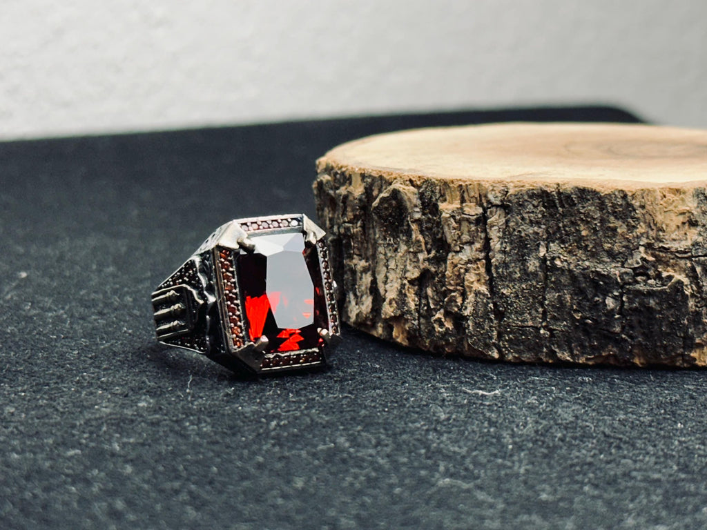 Men's Square Ruby Ring: Ottoman Inspired Design (Sterling Silver)