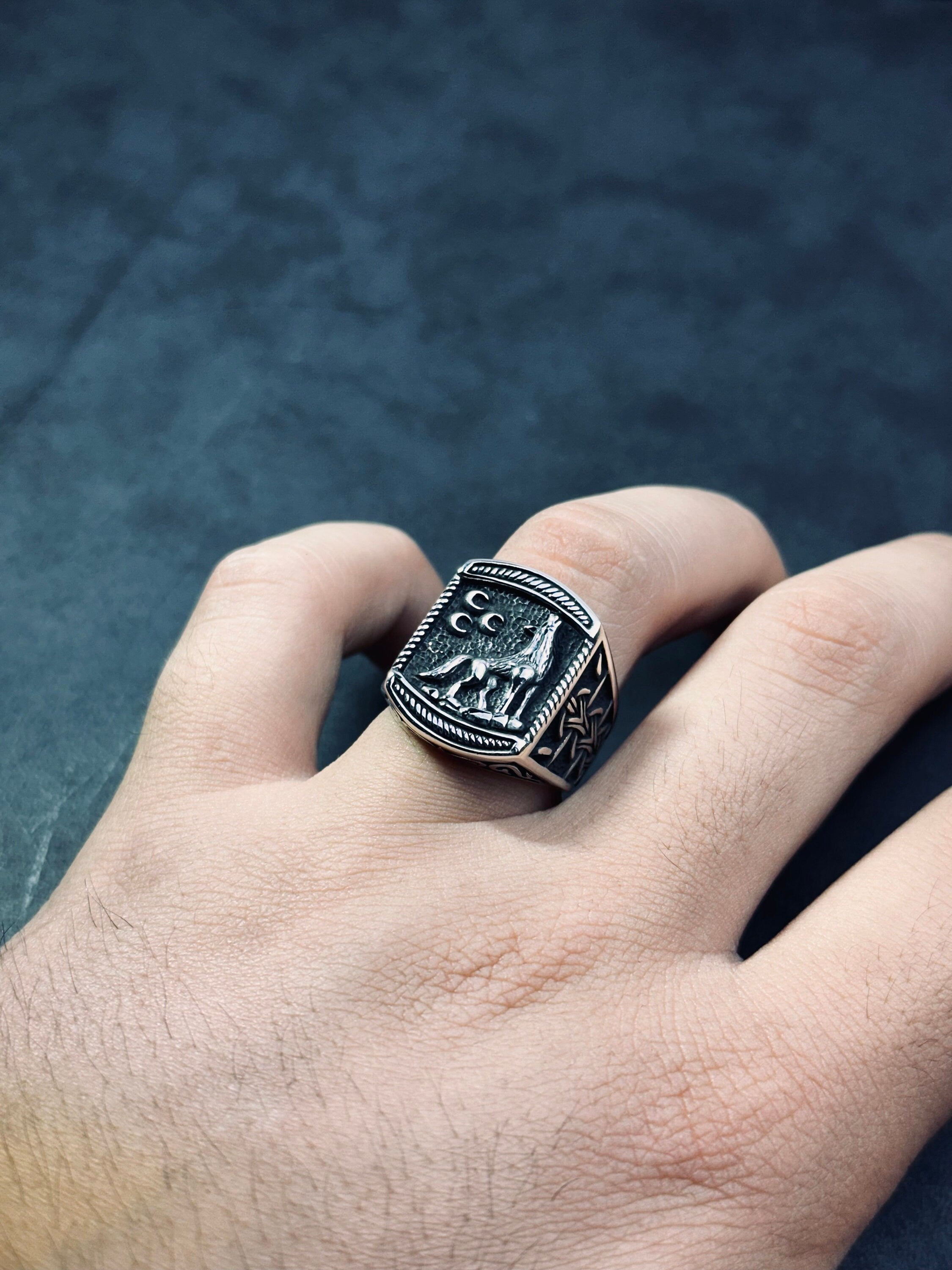 Wolf and Moon Ring: Sterling Silver Handmade - Celestial Detail