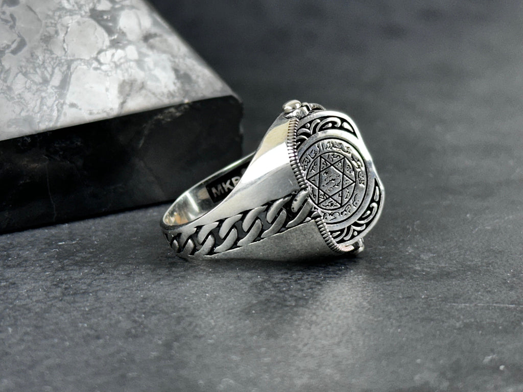 Sterling Silver Seal of Solomon Ring, Double Sided Zircon (Men's Size)
