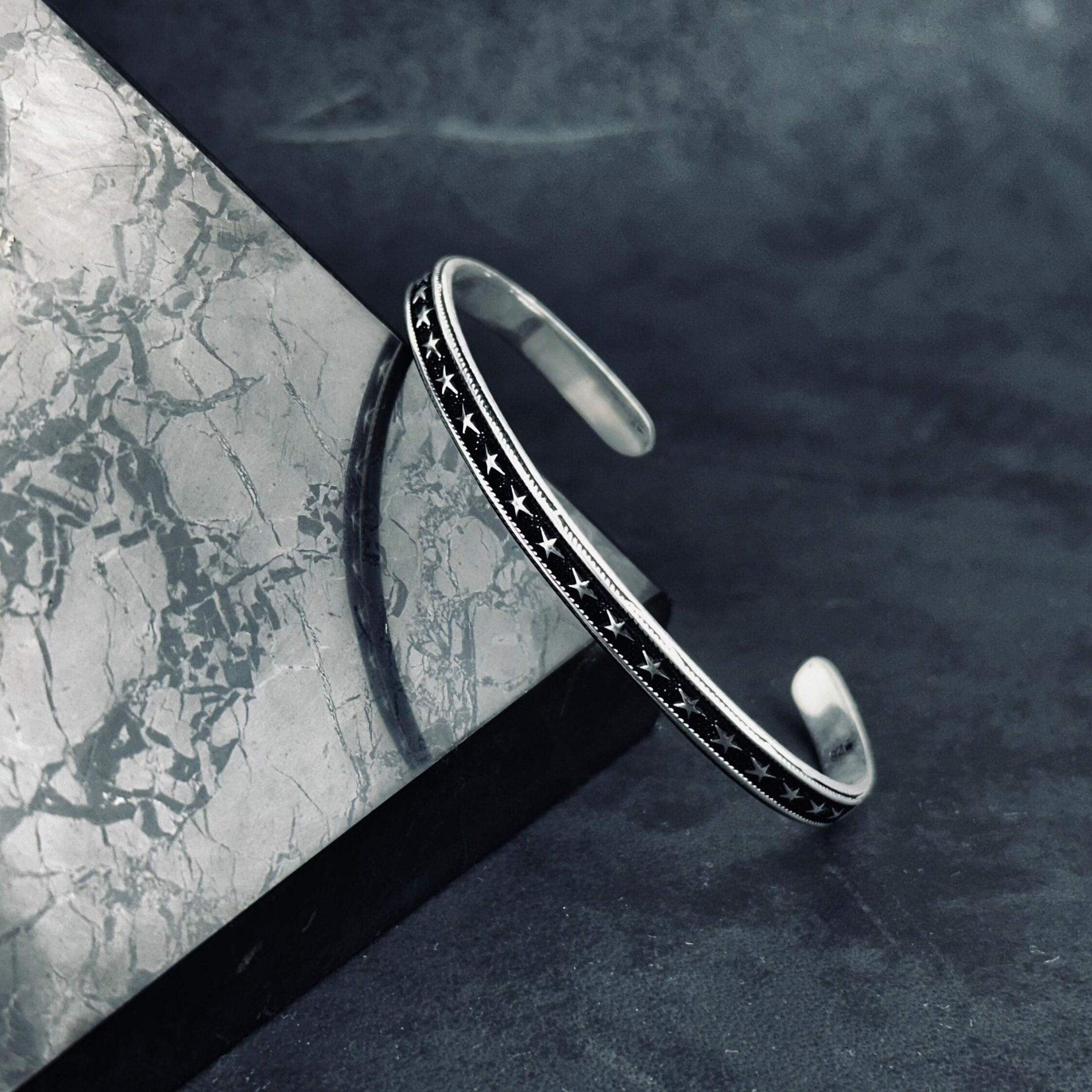 Star Embroidered Silver Bangle: Handmade Adjustable Sterling Cuff