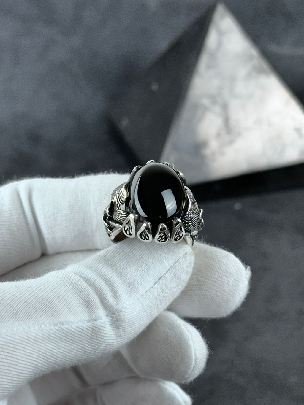 Men's Sterling Silver Ring, Majestic Eagle, Onyx Gemstone (Statement Jewelry)