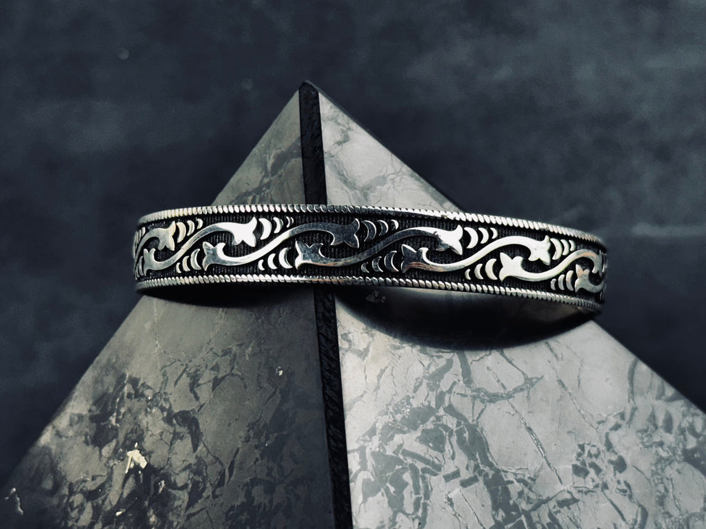Sterling Silver Cuff Bracelet, Embroidered Pattern Handmade (Adjustable Size)