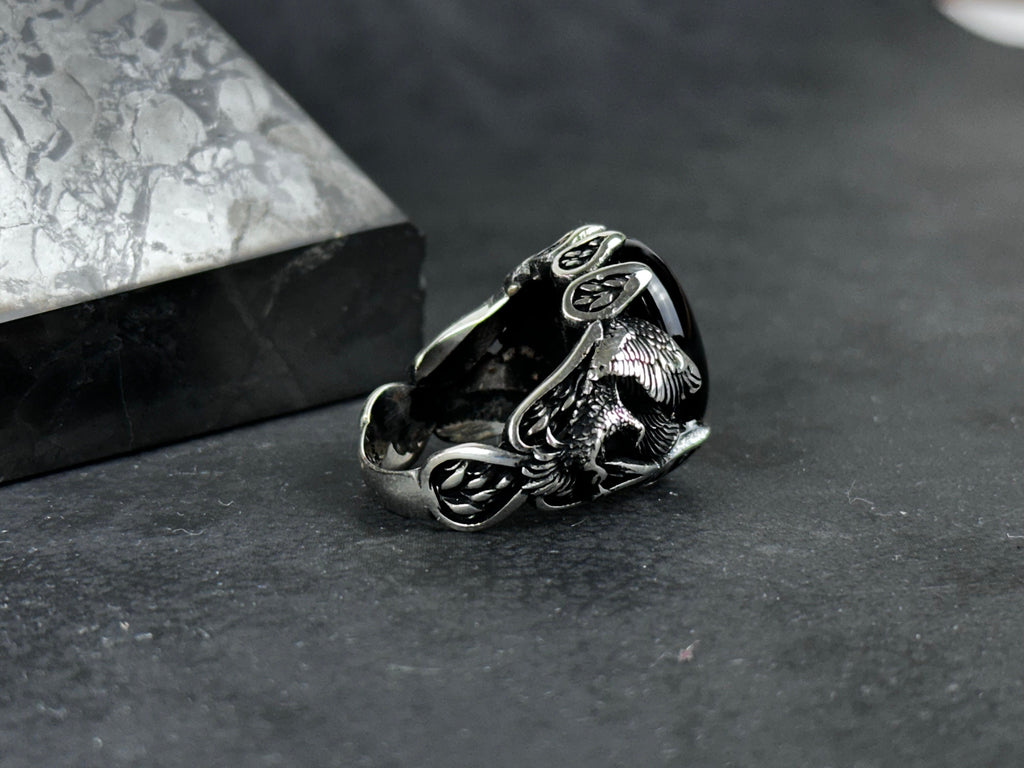 Men's Sterling Silver Ring, Majestic Eagle, Onyx Gemstone (Statement Jewelry)