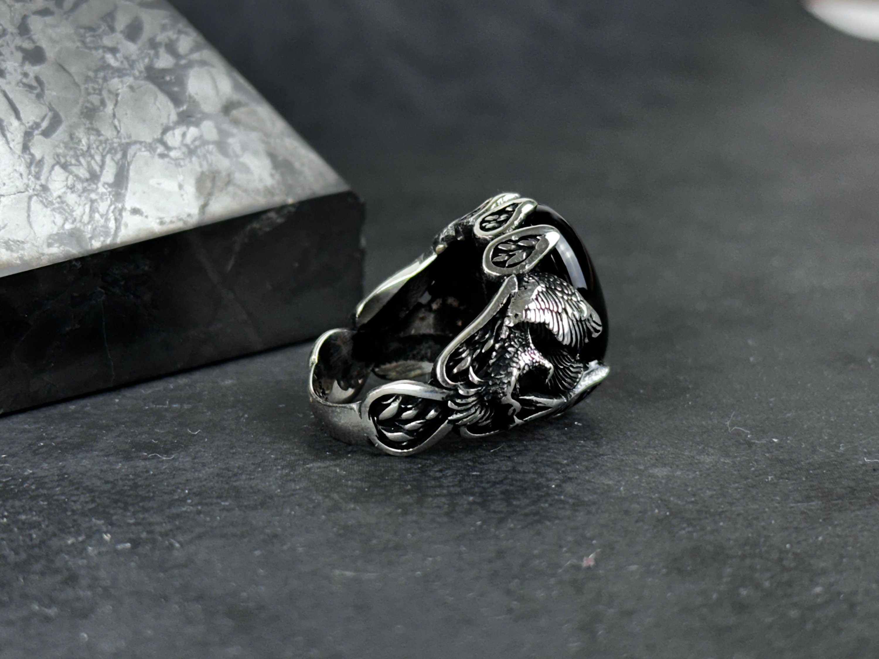 Men's Sterling Silver Ring, Majestic Eagle, Onyx Gemstone (Statement Jewelry)