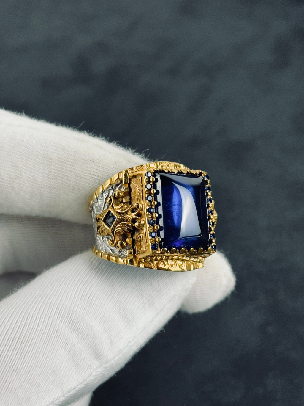Handmade Silver Cross Ring, Blue Zirconium Square Stone (Men's Sizes)