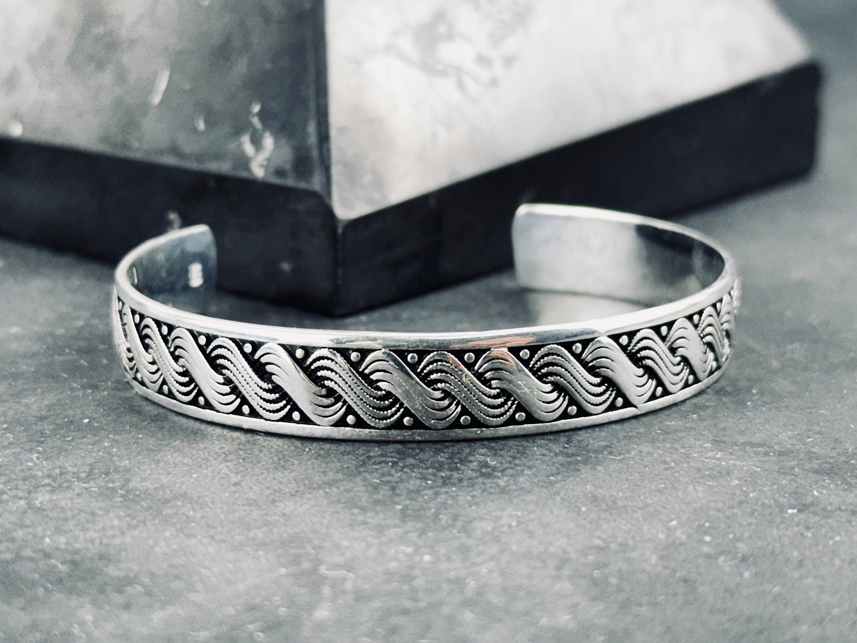 Sterling Silver Hand Cuff: Wave Knit Design - Adjustable Unisex