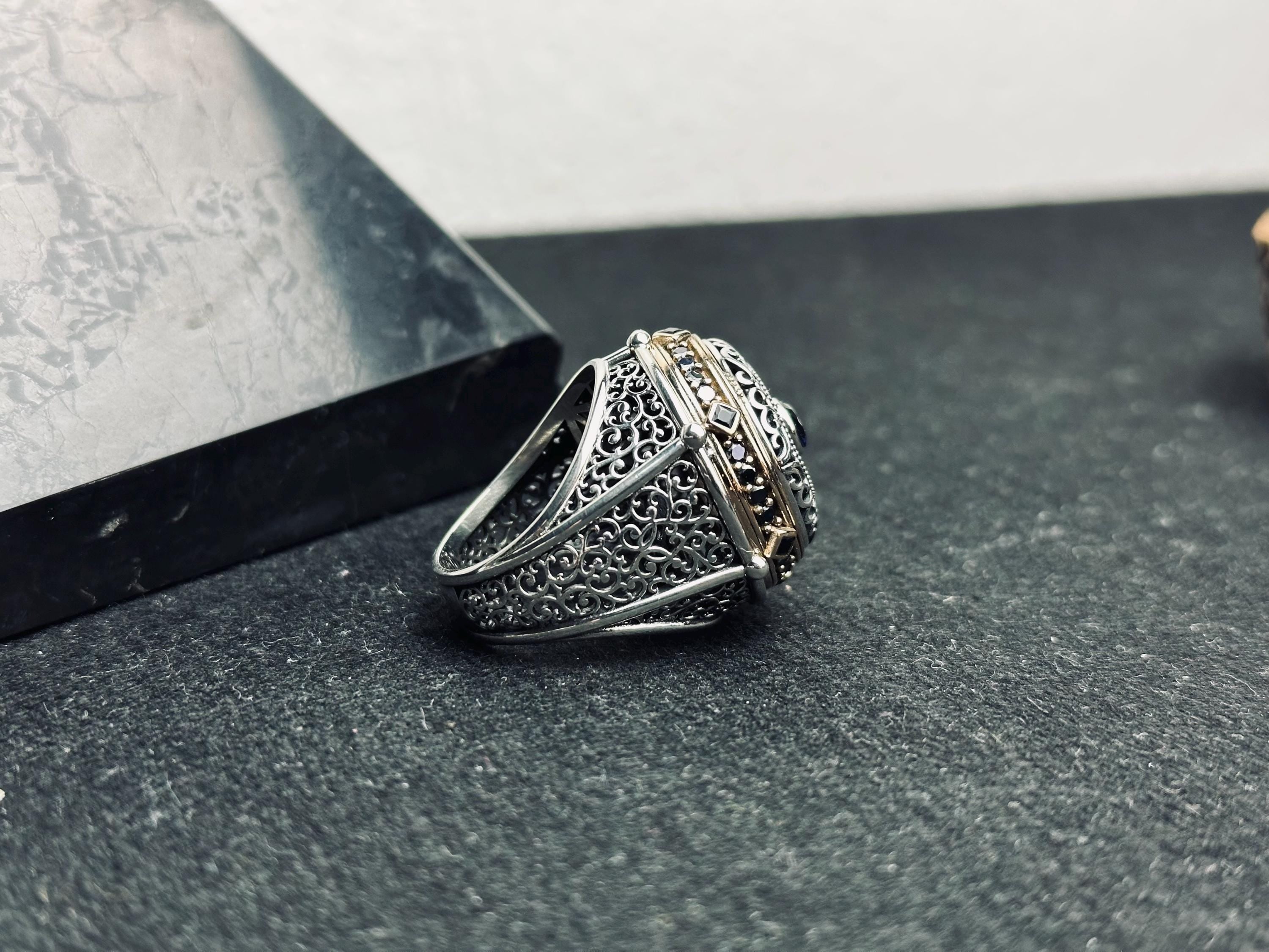 Oval Blue Zircon Ring: Handmade Silver, Turkish Vintage Style