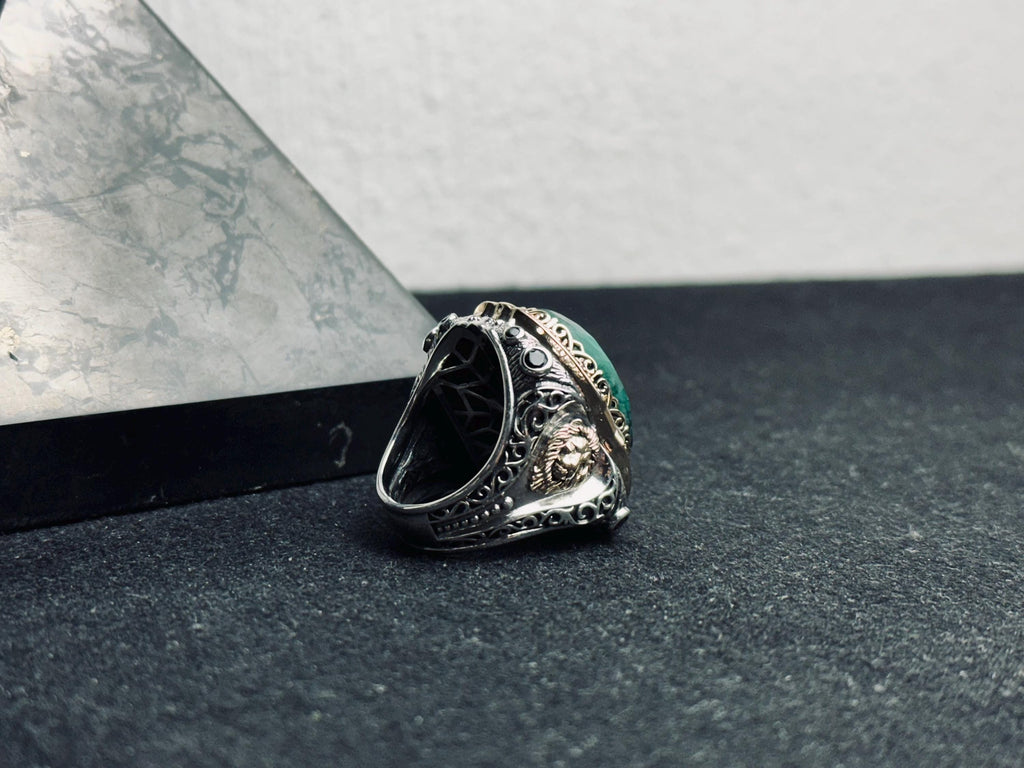 Huge Emerald Stone Ring - Sterling Silver Lion Head Design