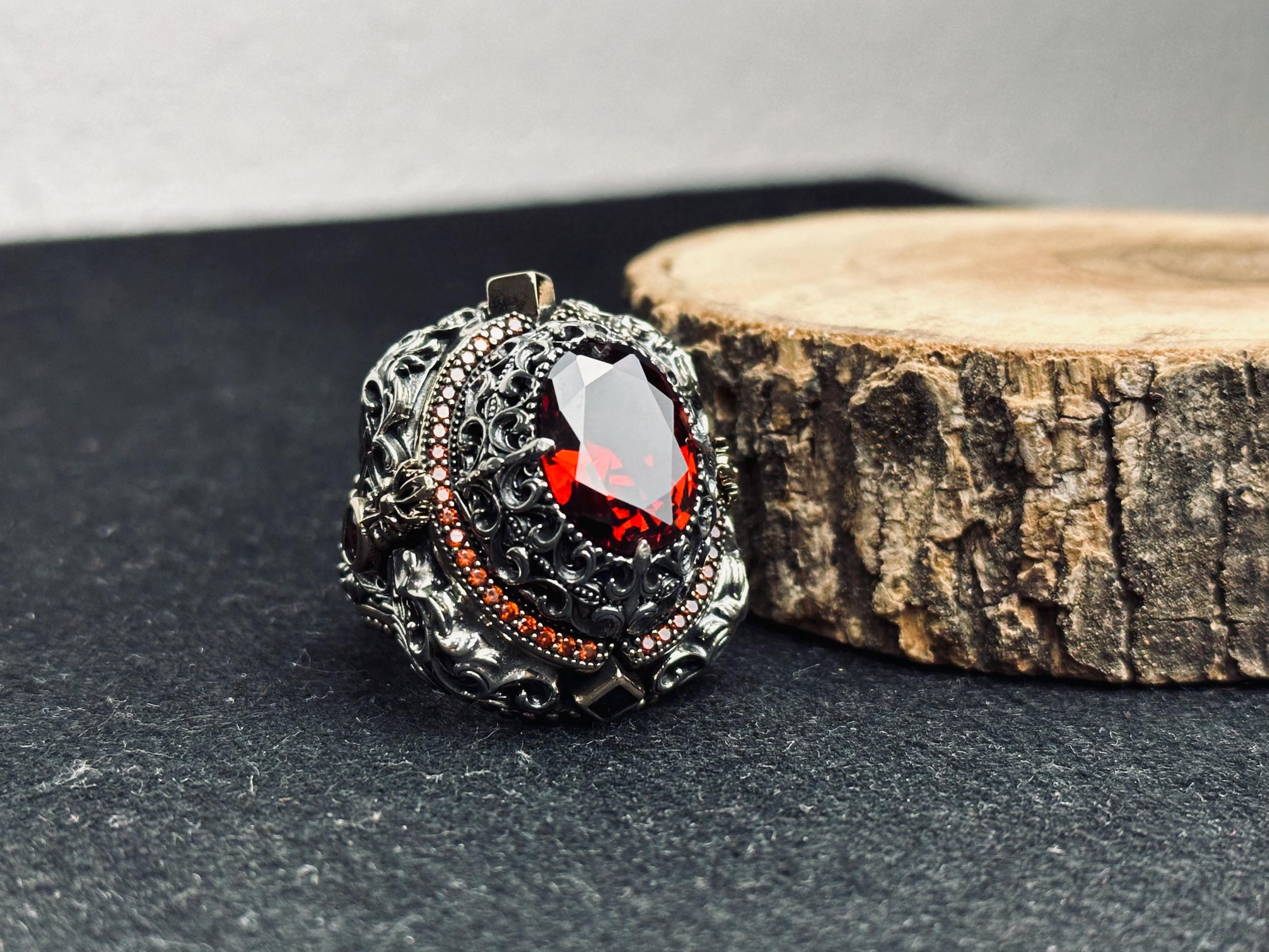 Ruby Ring, 925 Sterling Silver Victorian Filigree Statement Ring