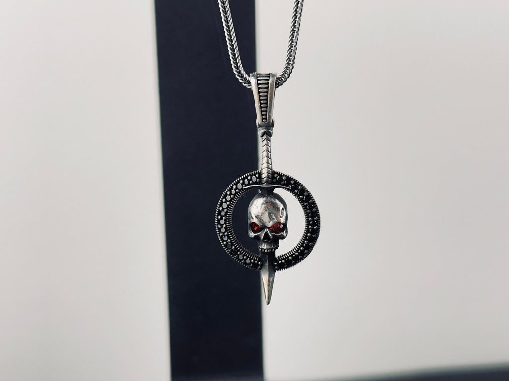 Goth Sterling Silver Skull Necklace, Chunky Chain (Layered Look)