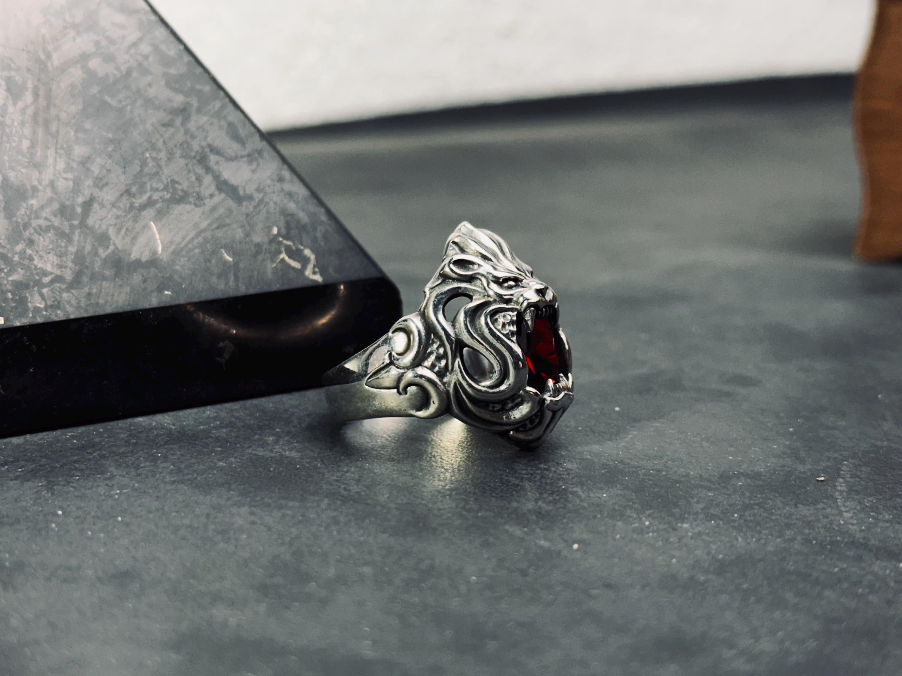 Boho Sterling Silver Lion Ring, Red Cubic Zirconia (Oxidized Finish)