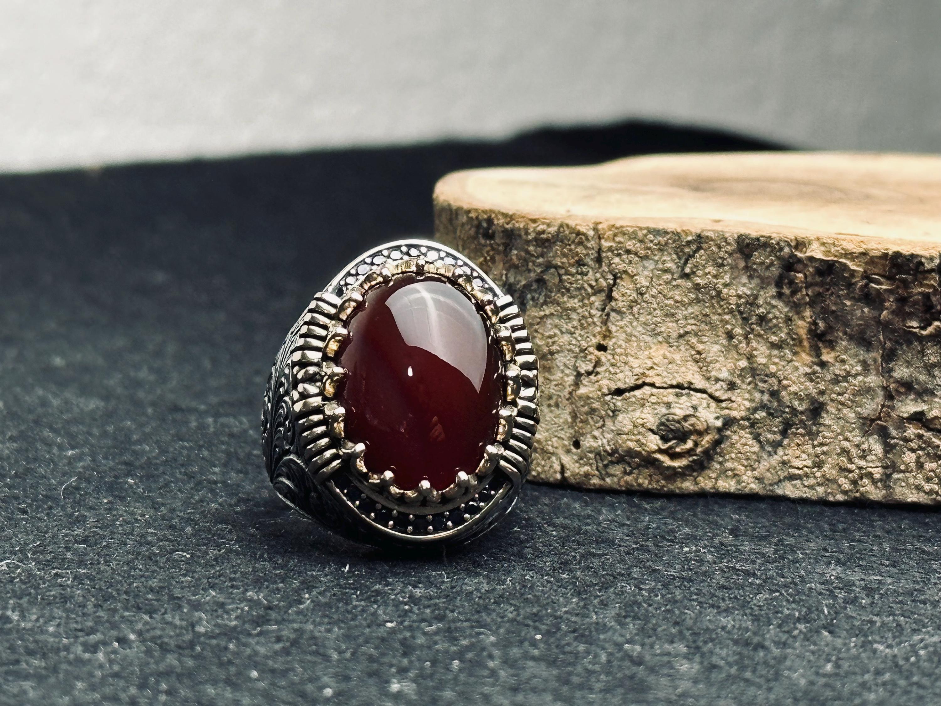 Red Aqeeq Ring for Men: Oval Agate Stone, Sterling Silver