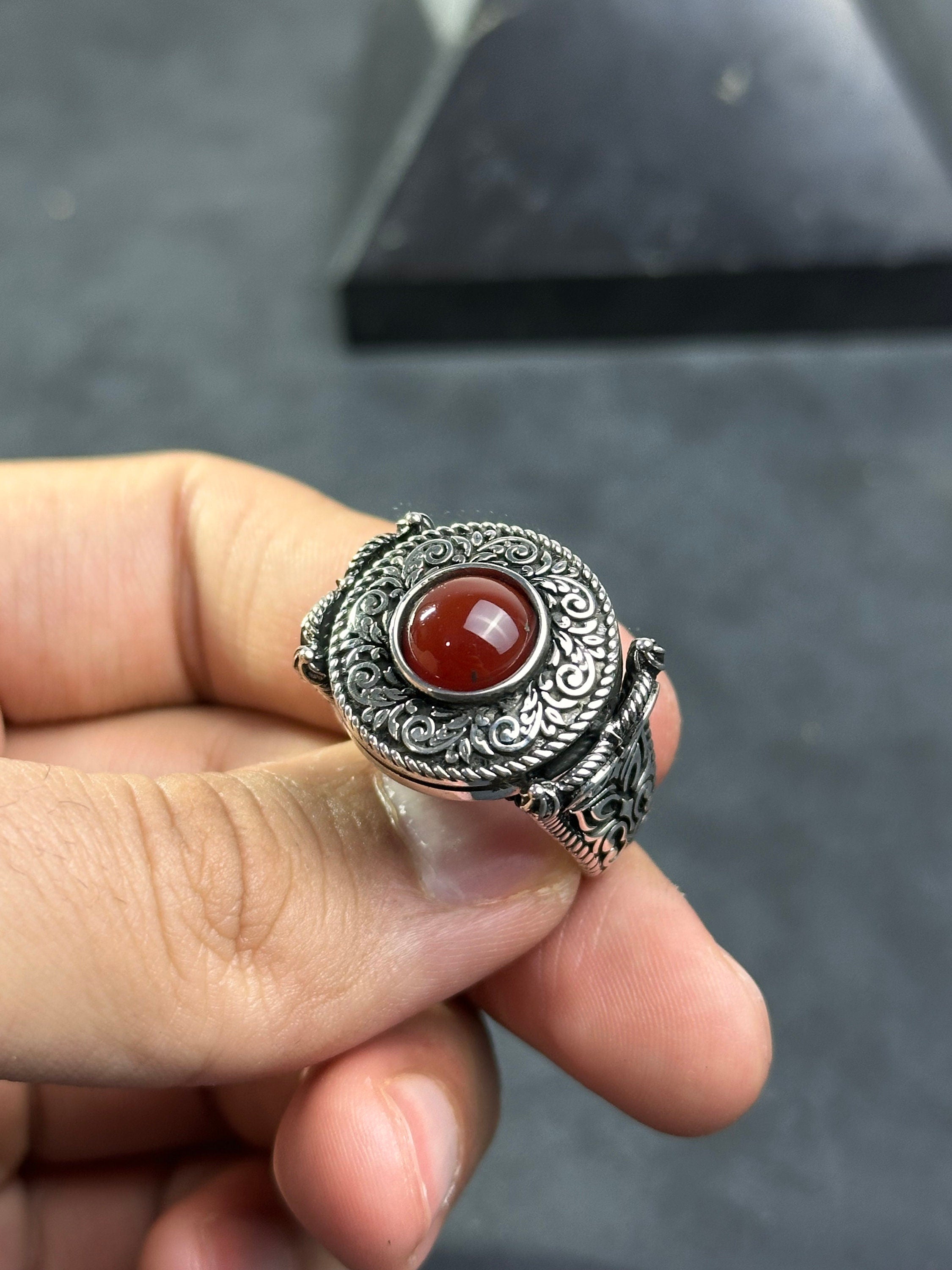 Engraved Sterling Silver Ring: Red Agate Gemstone (Men's Handmade)