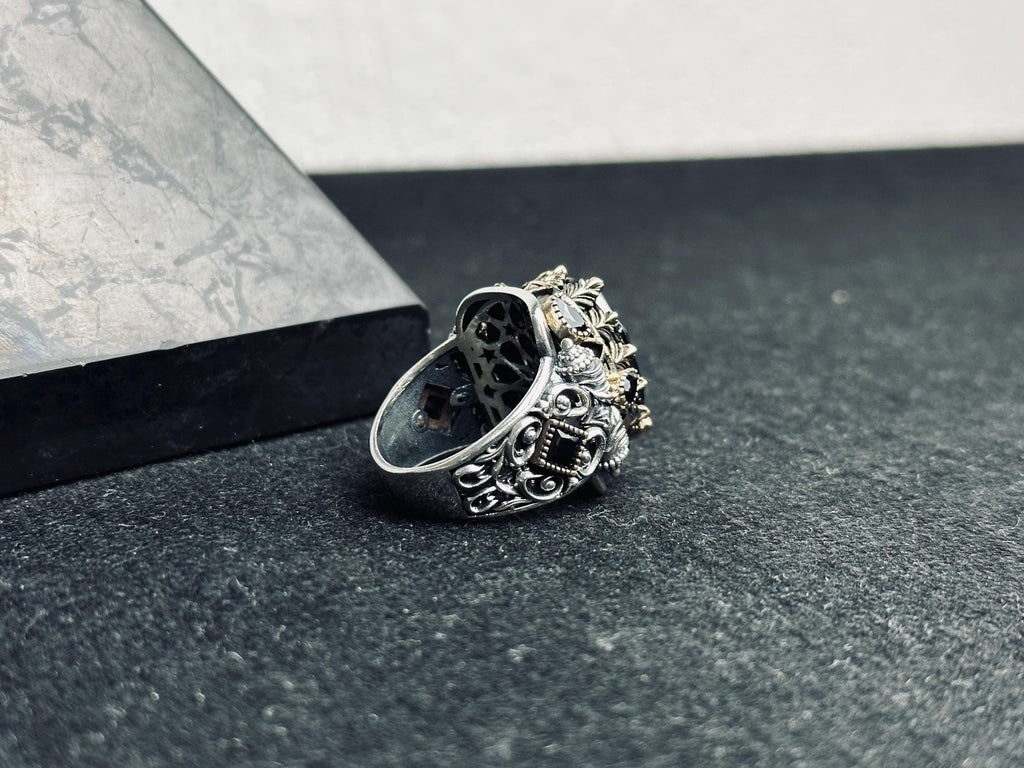 Turkish Handmade Men's Ring, Black Zircon Geometric (Sterling Silver)