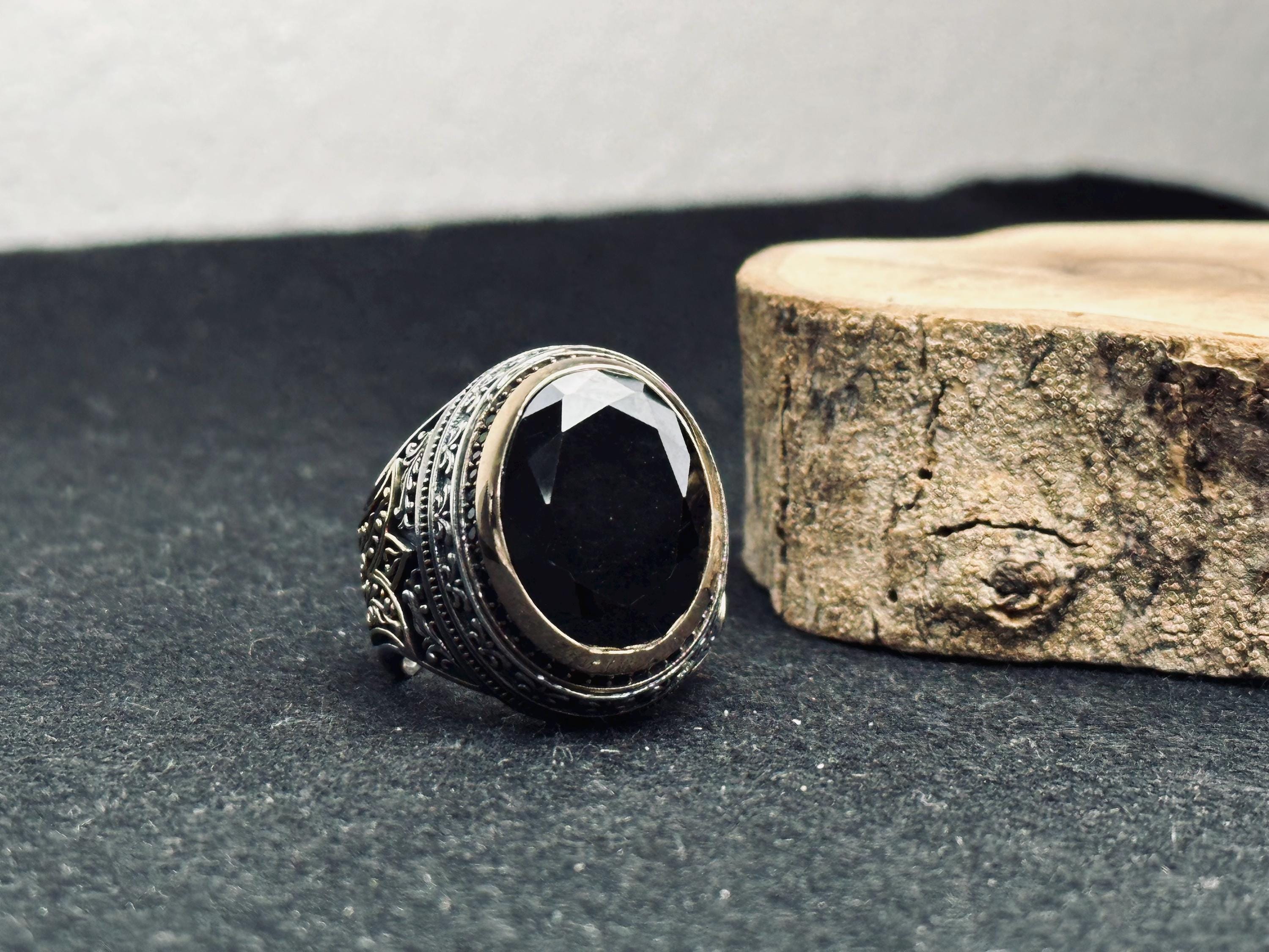 Black Zircon Men's Ring - Handmade Turkish Sterling Silver