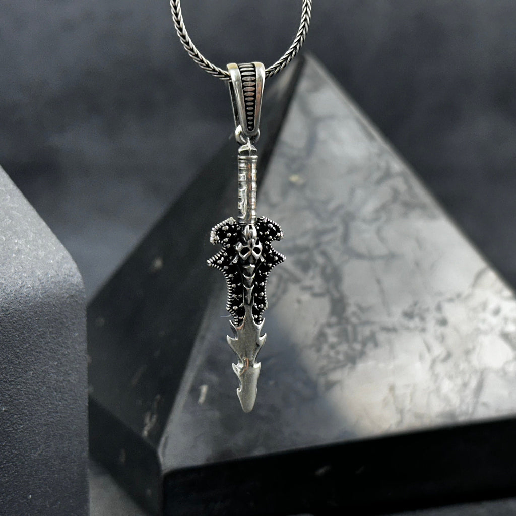 Silver Skull Sword Necklace - Mystic Gothic Gemstone Pendant