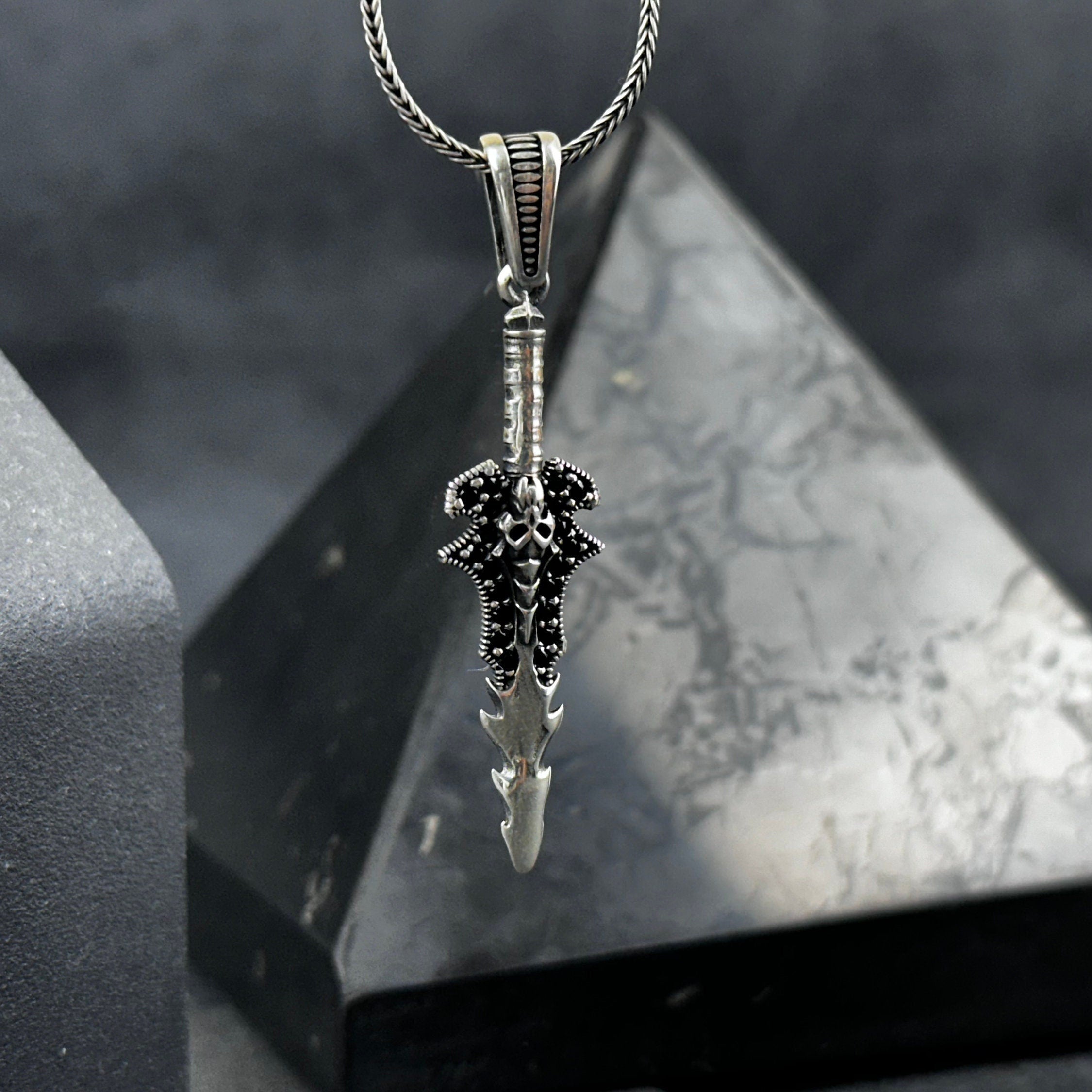 Silver Skull Sword Necklace - Mystic Gothic Gemstone Pendant