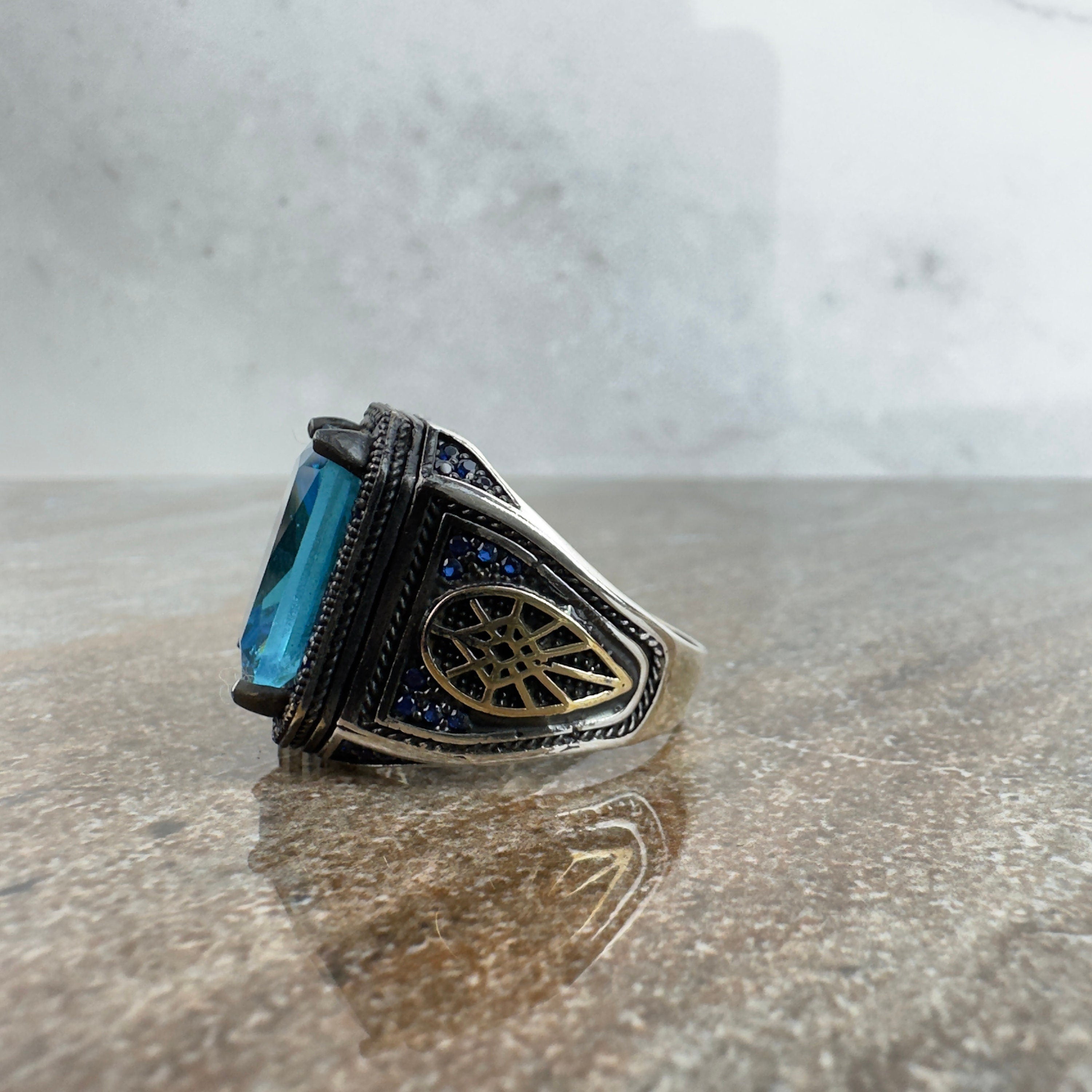 Men's Sterling Silver Ring: Blue Zirconia Stone - Handmade Jewelry
