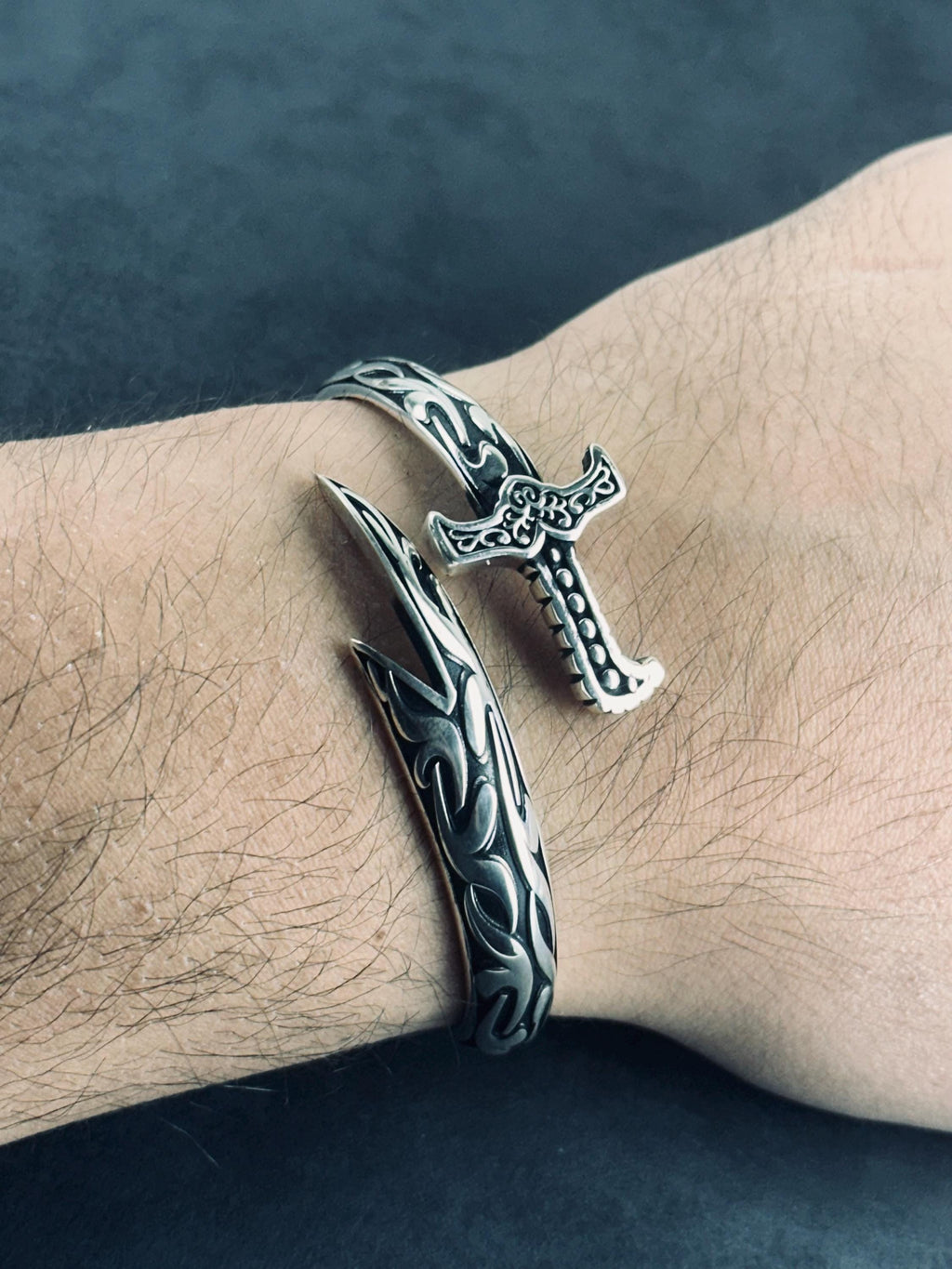 Zulfiqar Sword Silver Bracelet and Ring Set (Adjustable, Handmade)