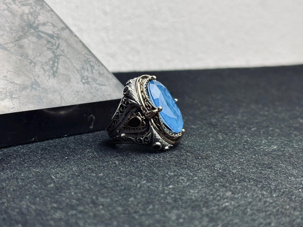 Handmade Sterling Silver Men’s Ring with Large Blue Gemstone – Vintage Ottoman Style Statement Ring, Bold Warrior Ring, Gift for Him