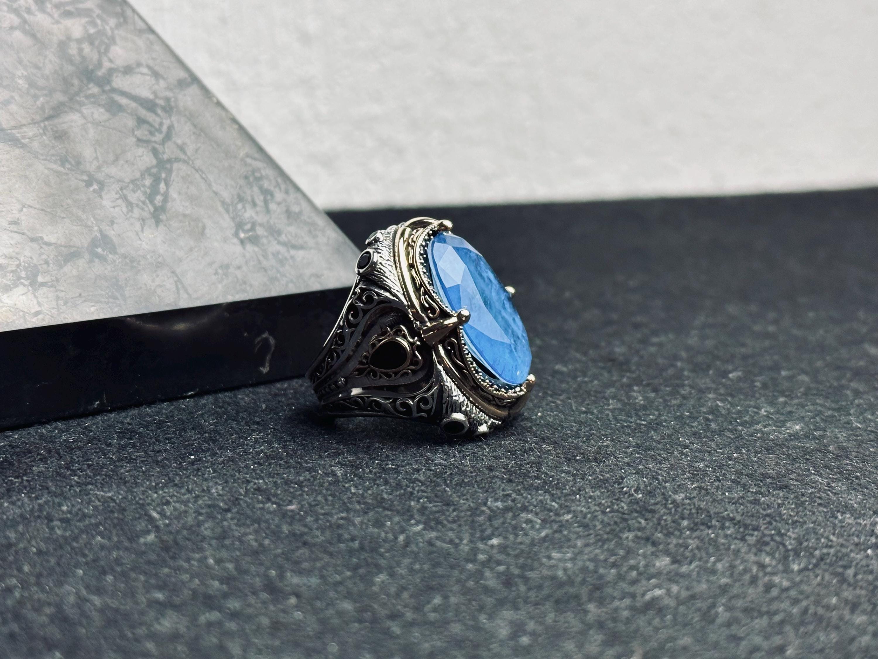 Handmade Sterling Silver Men’s Ring with Large Blue Gemstone – Vintage Ottoman Style Statement Ring, Bold Warrior Ring, Gift for Him
