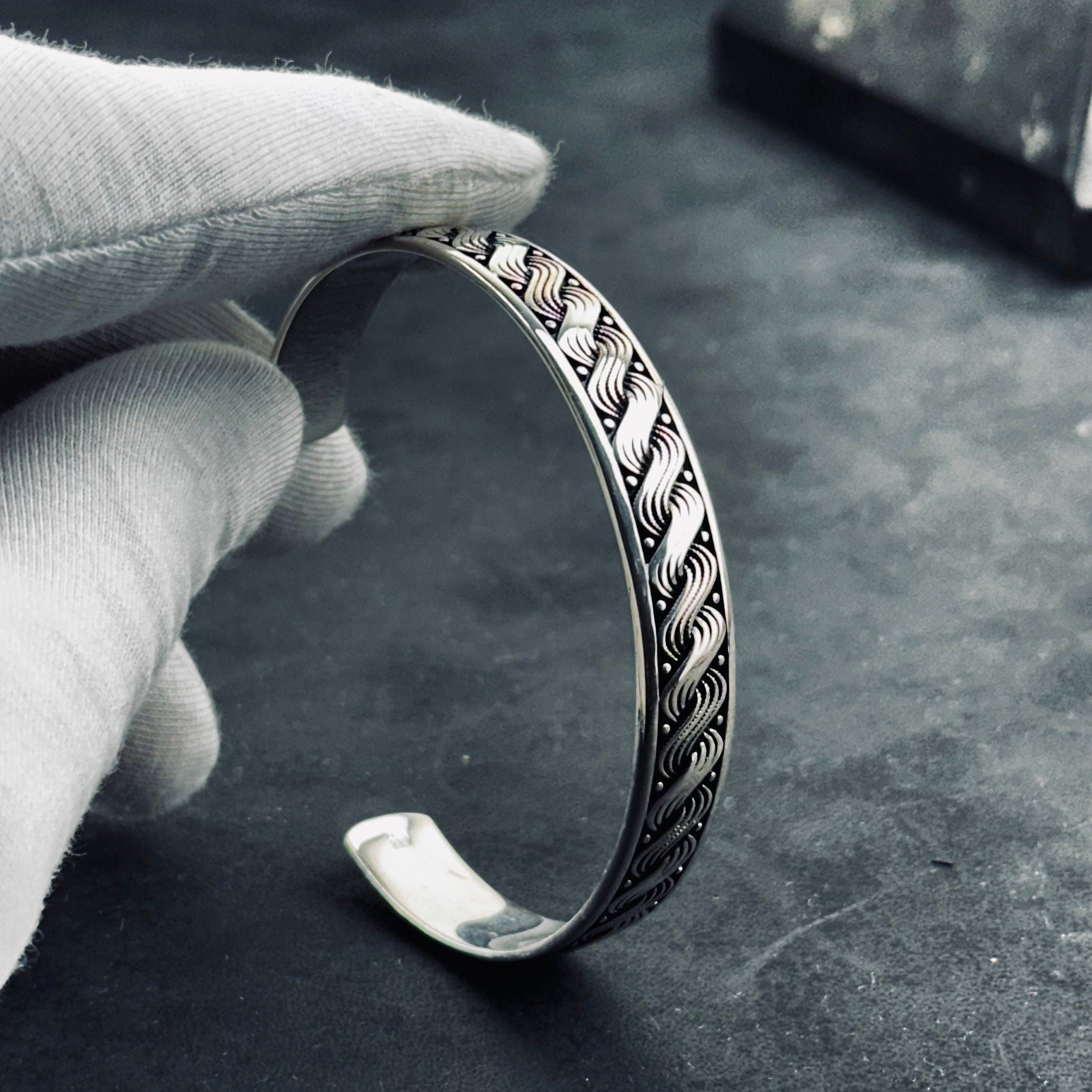Sterling Silver Hand Cuff: Wave Knit Design - Adjustable Unisex