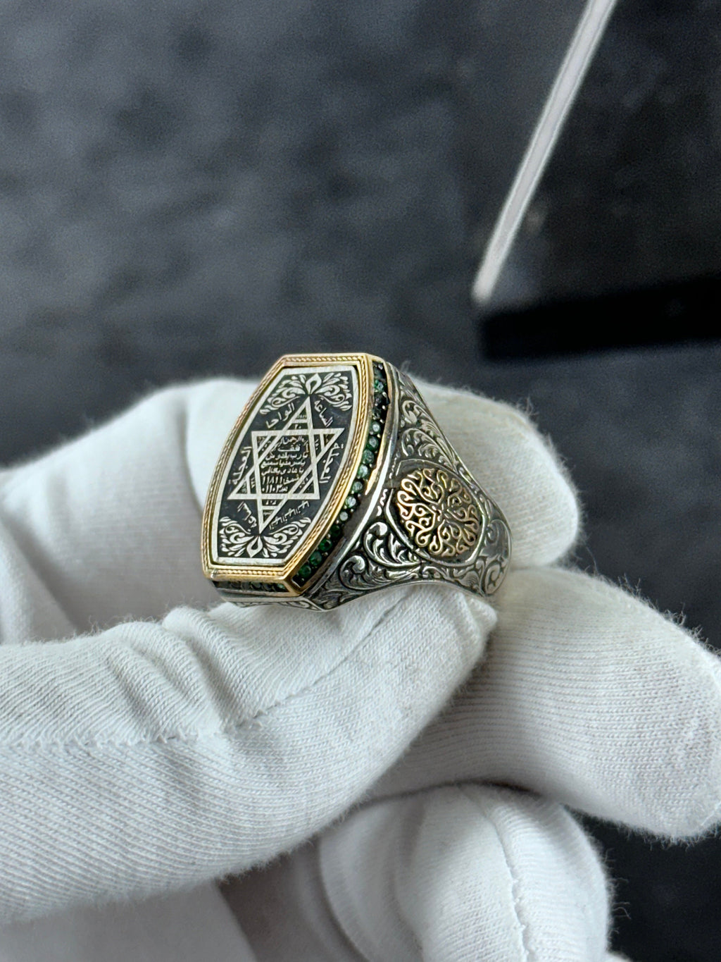 Sterling Silver Seal of Solomon Ring: Green Zircon Spiritual Design