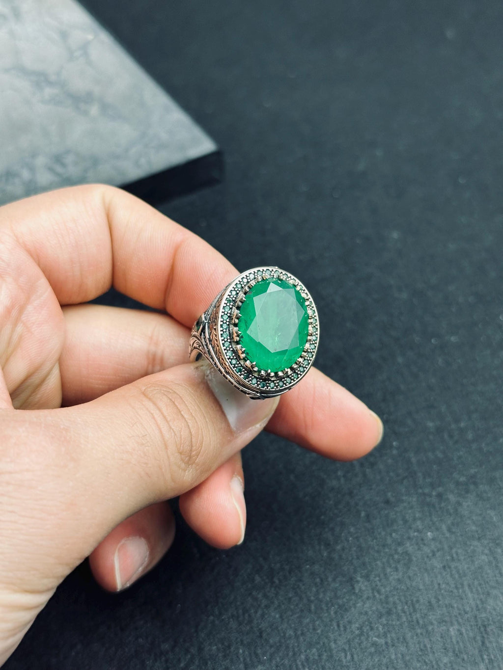 Men's Emerald Silver Ring: Handmade Turkish Artisan - Statement Jewelry