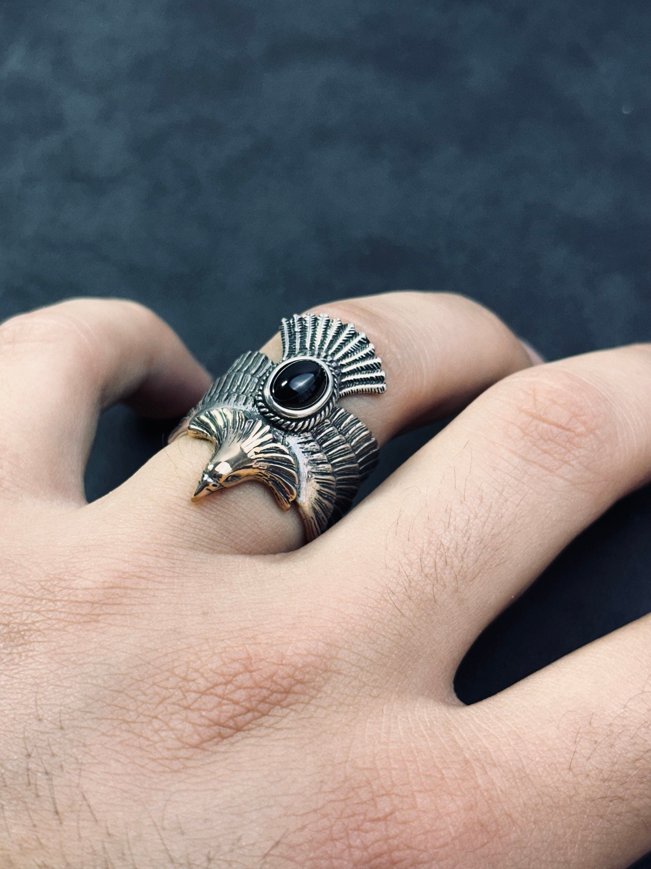 Eagle Ring: Onyx Stone, Sterling Silver - Adjustable Oxidized Finish