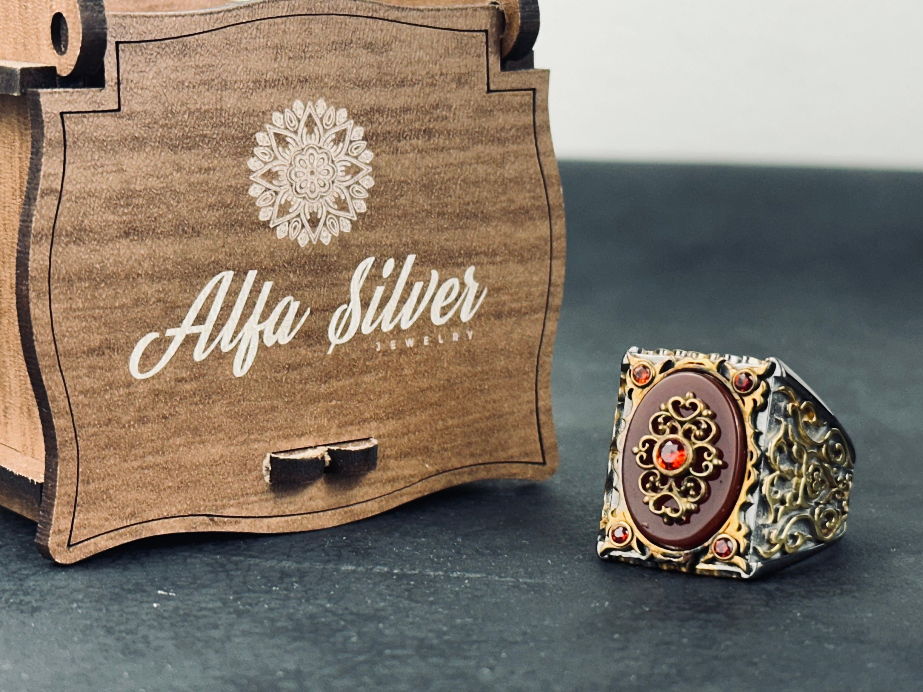Red Aqeeq Ring: Handmade Sterling Silver (Engraved, Zirconium Accent)