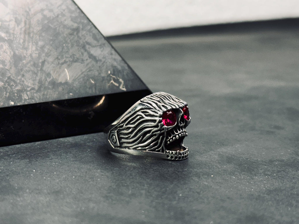 Engraved Skull Biker Ring: Sterling Silver, Handmade Goth Jewelry