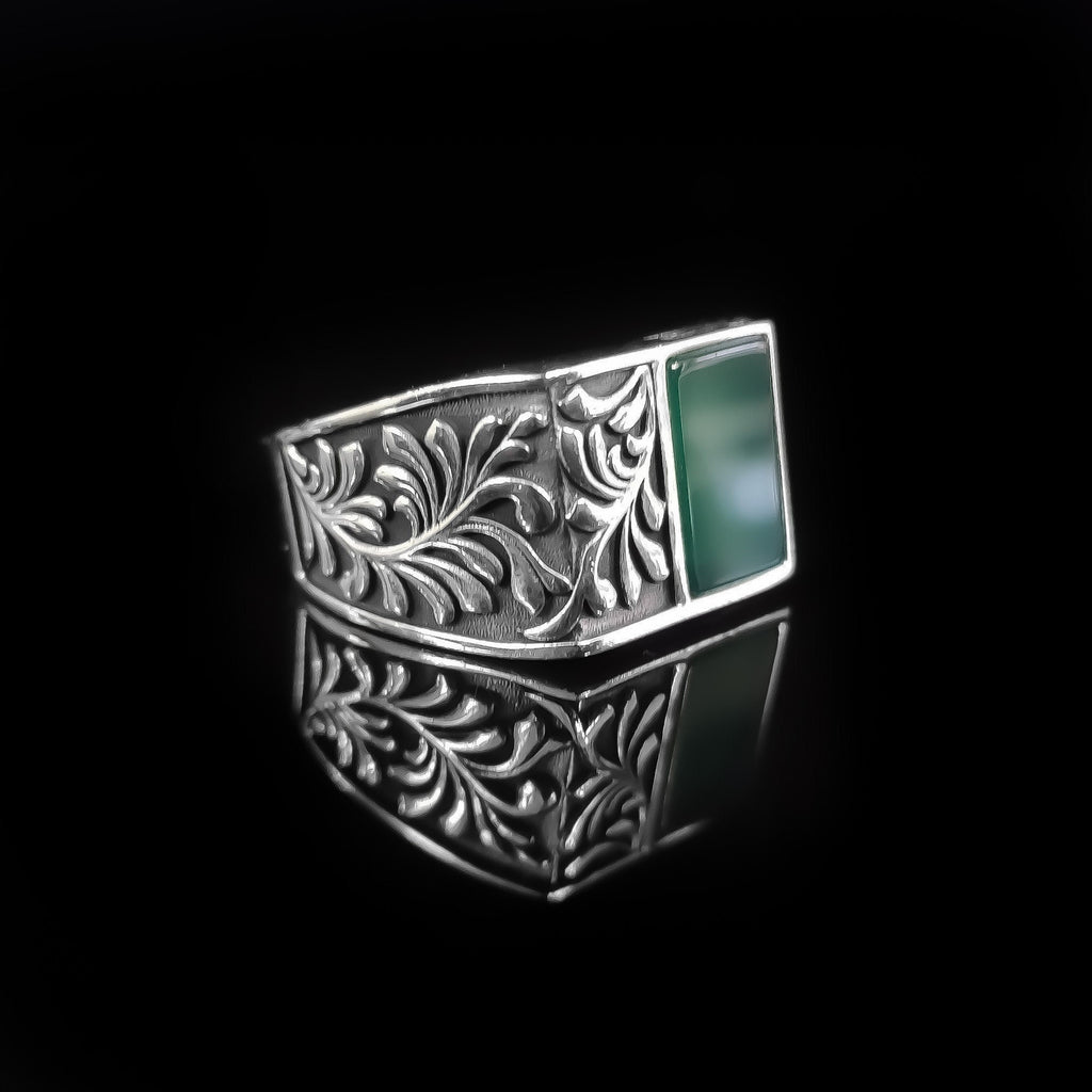 Sterling Silver Ring: Green Agate Stone - Handmade Men's Jewelry