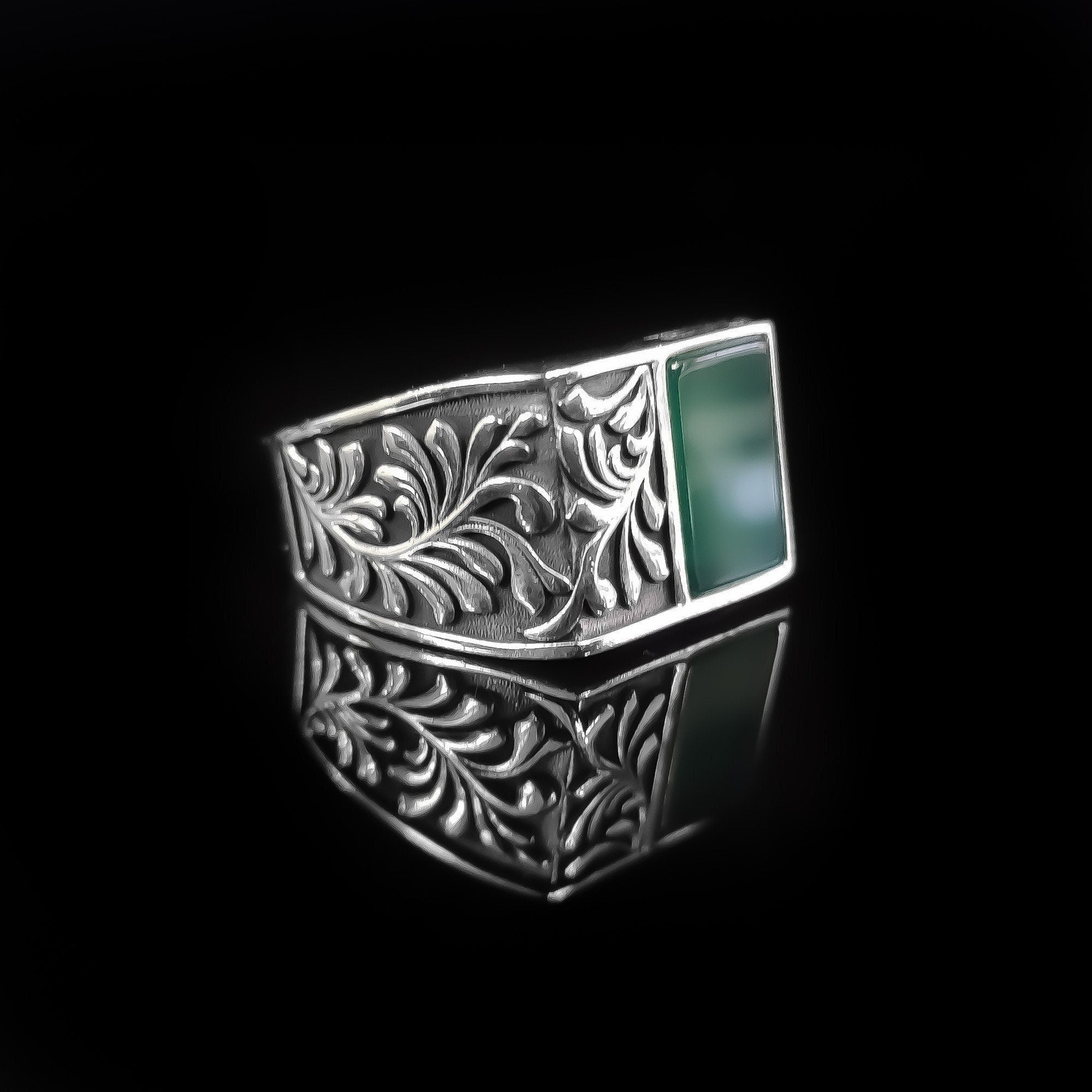 Sterling Silver Ring: Green Agate Stone - Handmade Men's Jewelry