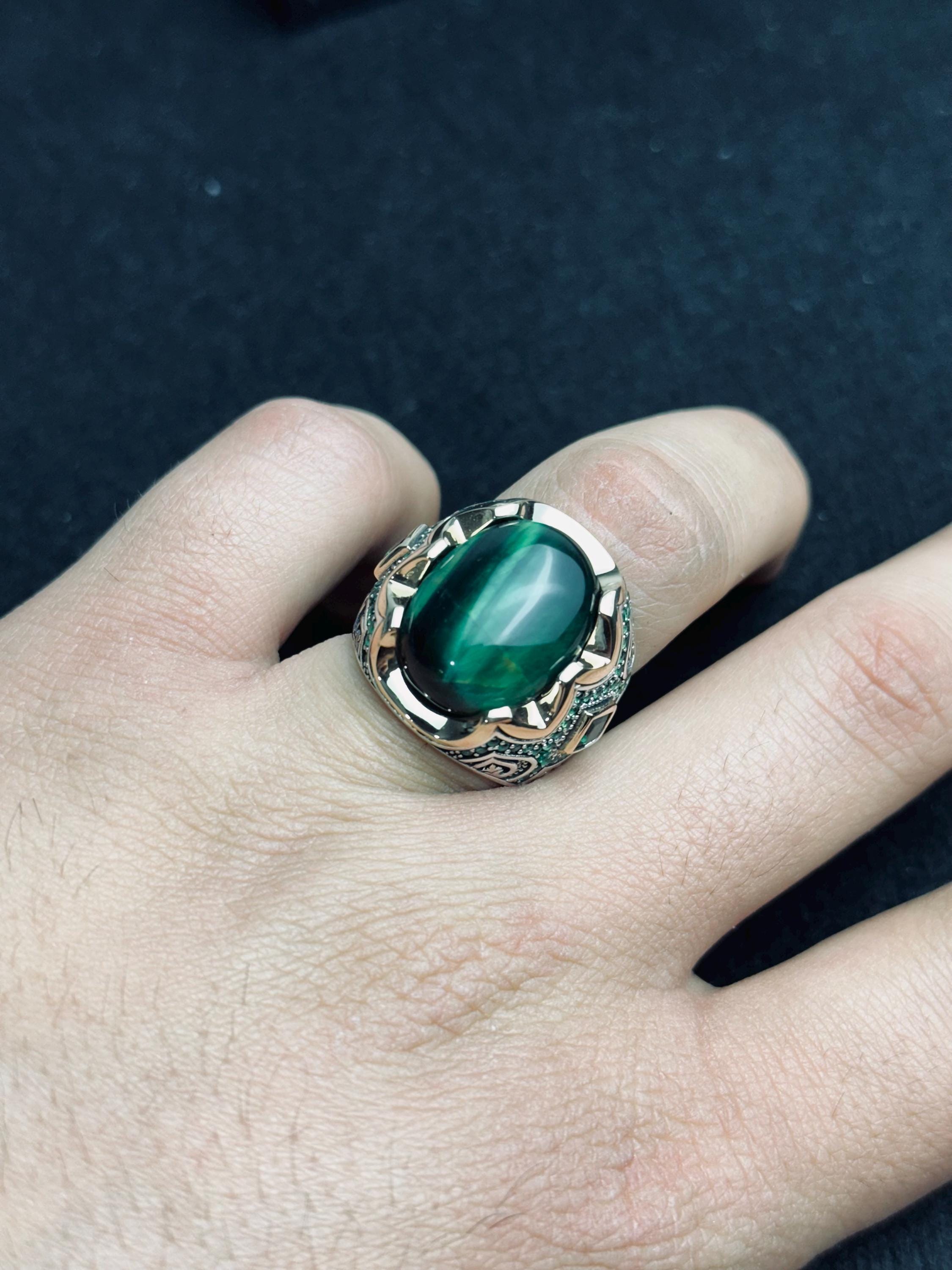 Malachite Sterling Silver Ring, Oval Green Stone (Men's Statement)