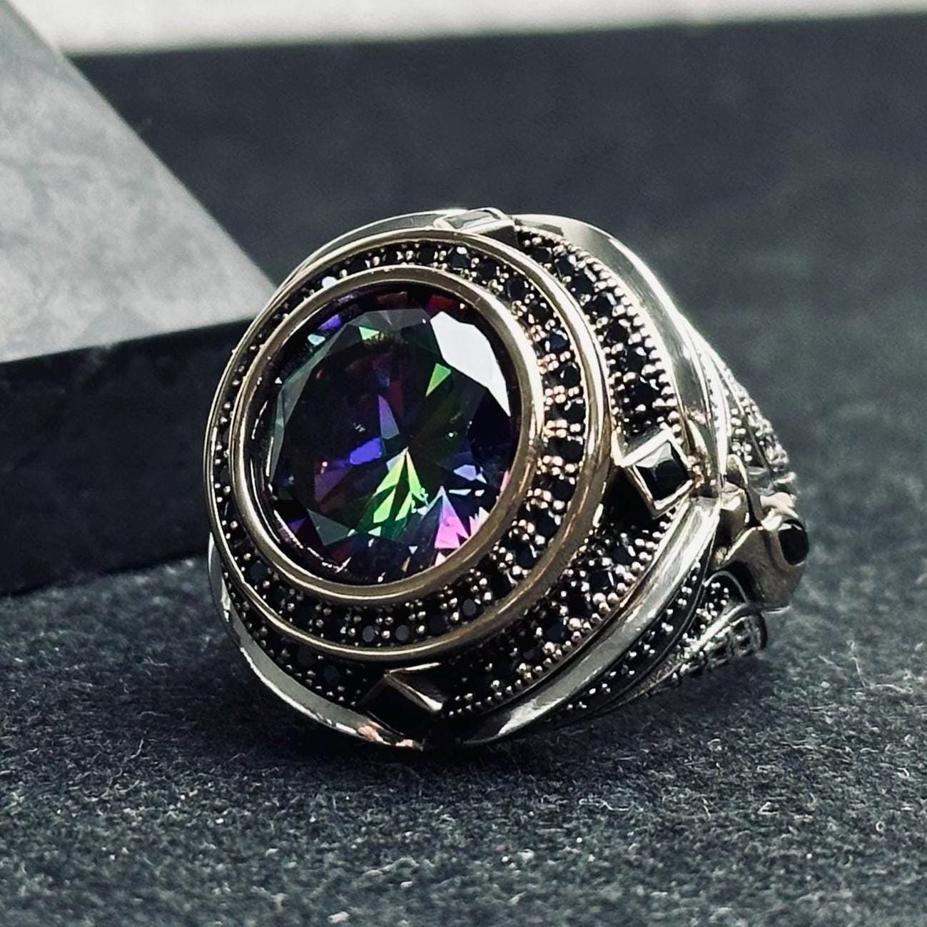 Mystic Topaz Men's Ring: Handmade Sterling Silver, Turkish Gemstone