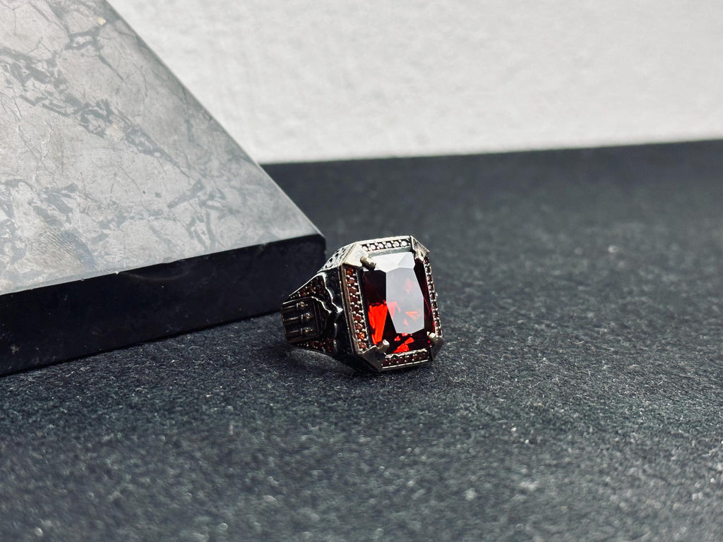 Men's Square Ruby Ring: Ottoman Inspired Design (Sterling Silver)