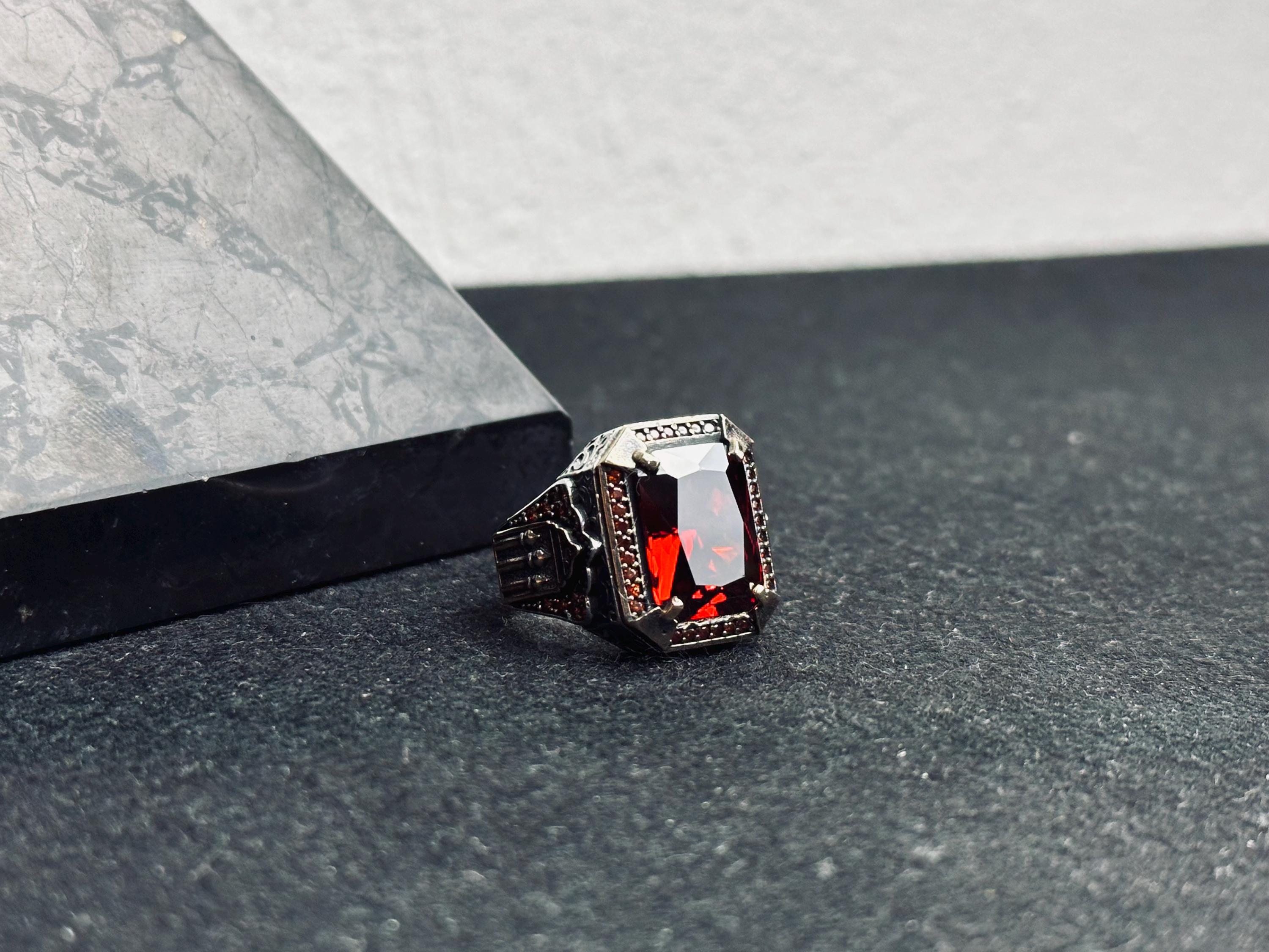 Men's Square Ruby Ring: Ottoman Inspired Design (Sterling Silver)