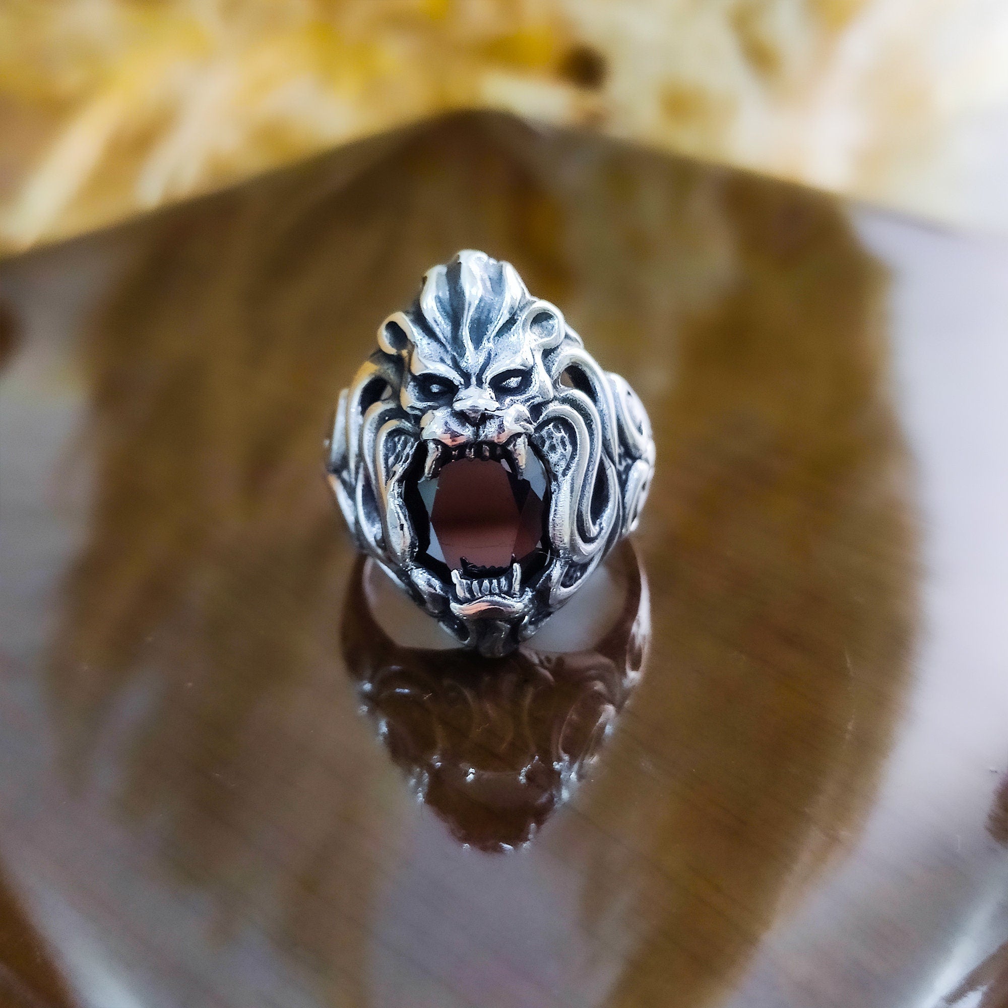 Black Zircon Lion Head Ring - Sterling Silver Men's Statement
