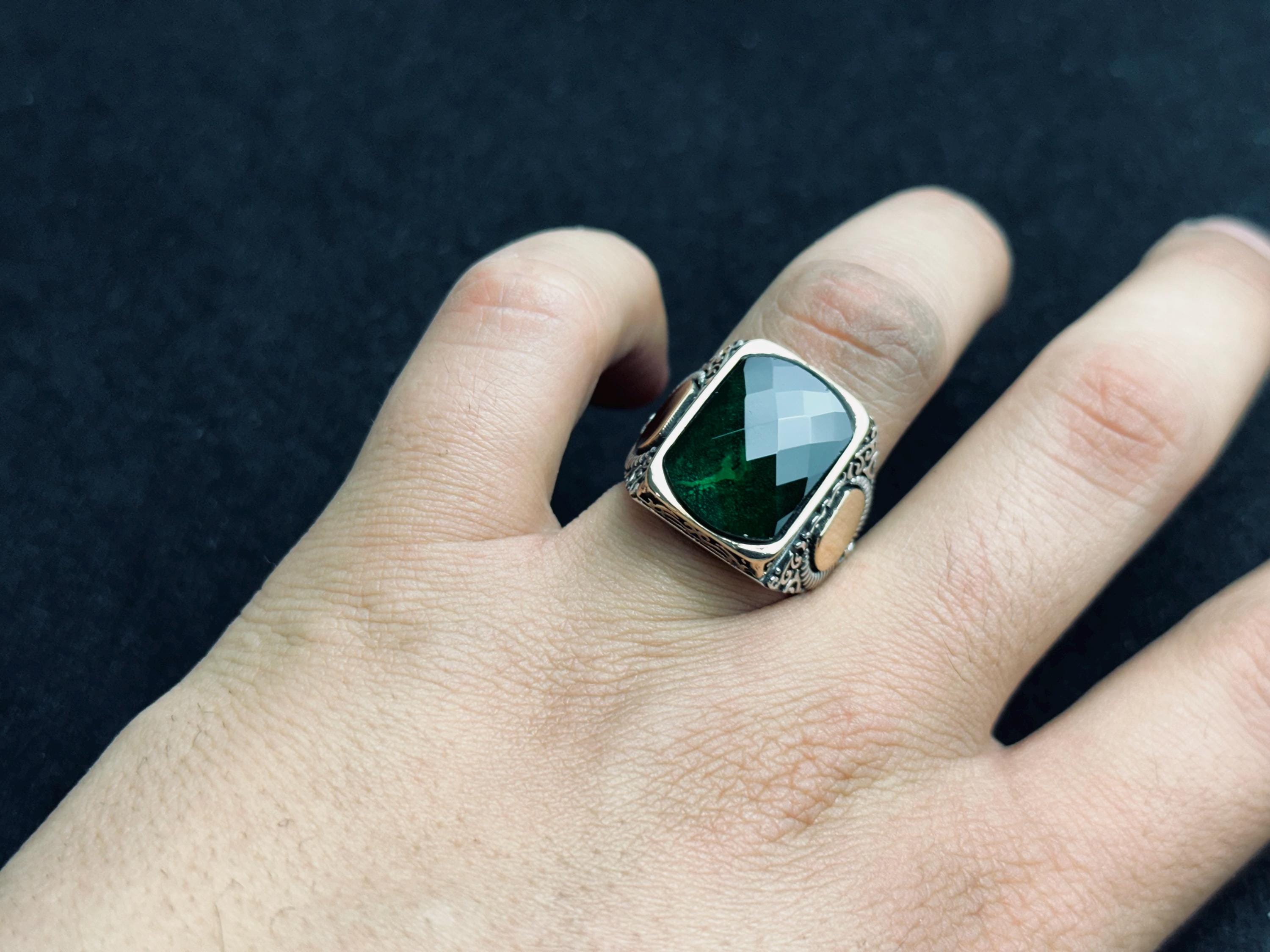 Men’s Emerald Ring: Square Stone, Crescent Star - Sterling Silver