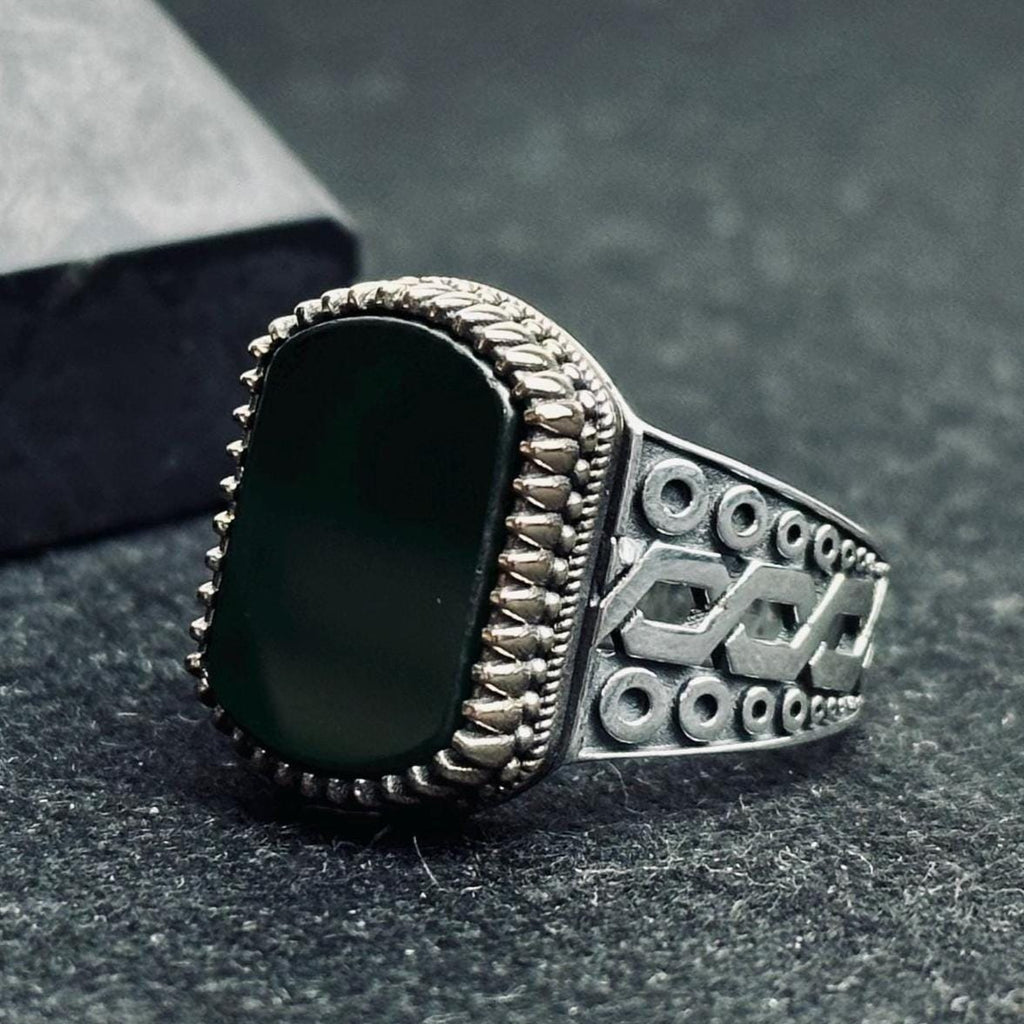 Turkish Sterling Silver Men's Ring, Emerald Agate Square (Vintage Style)