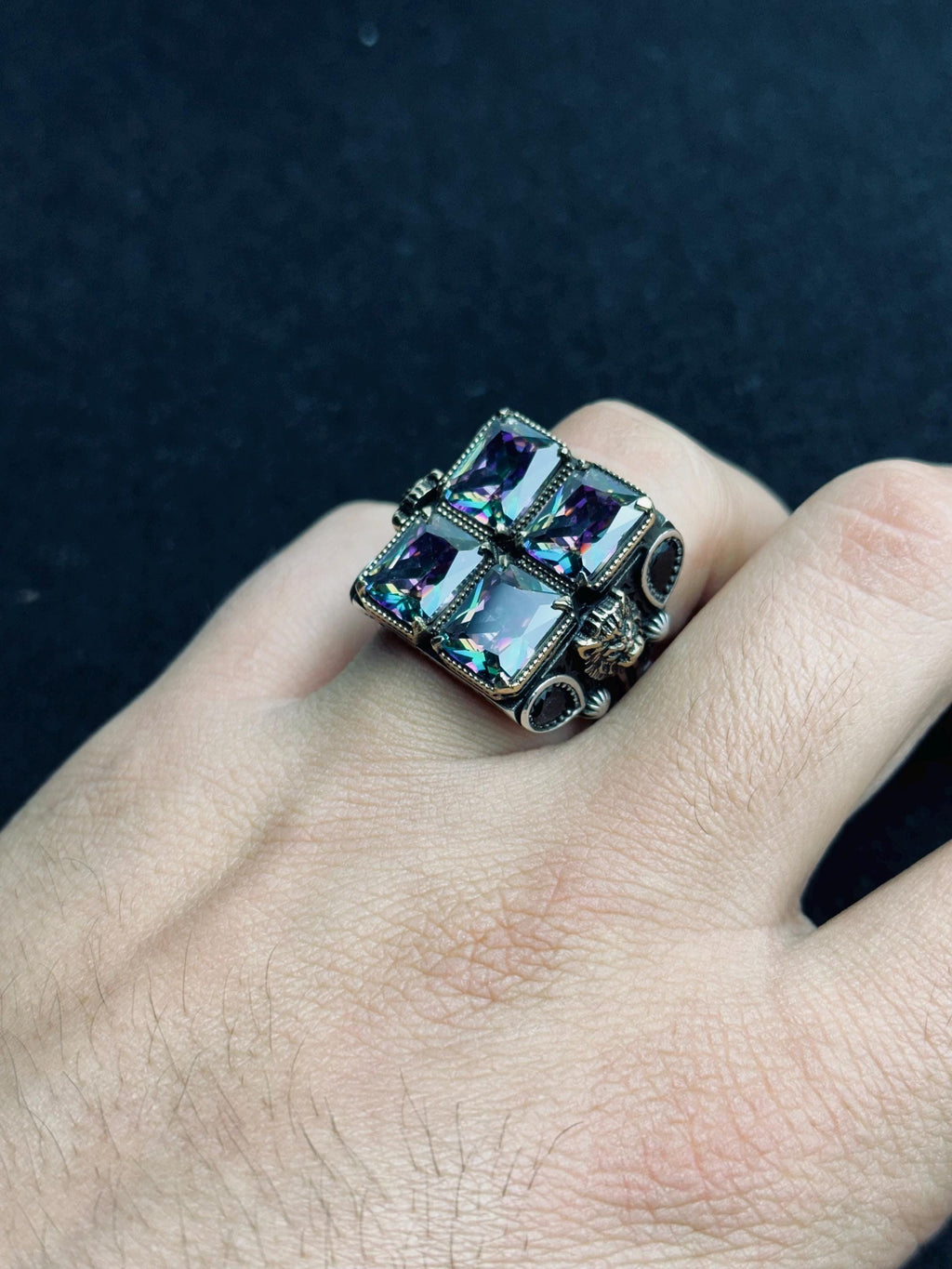 Men’s Lion Ring, Sterling Silver, Mystic Topaz Stones (Bold Statement)