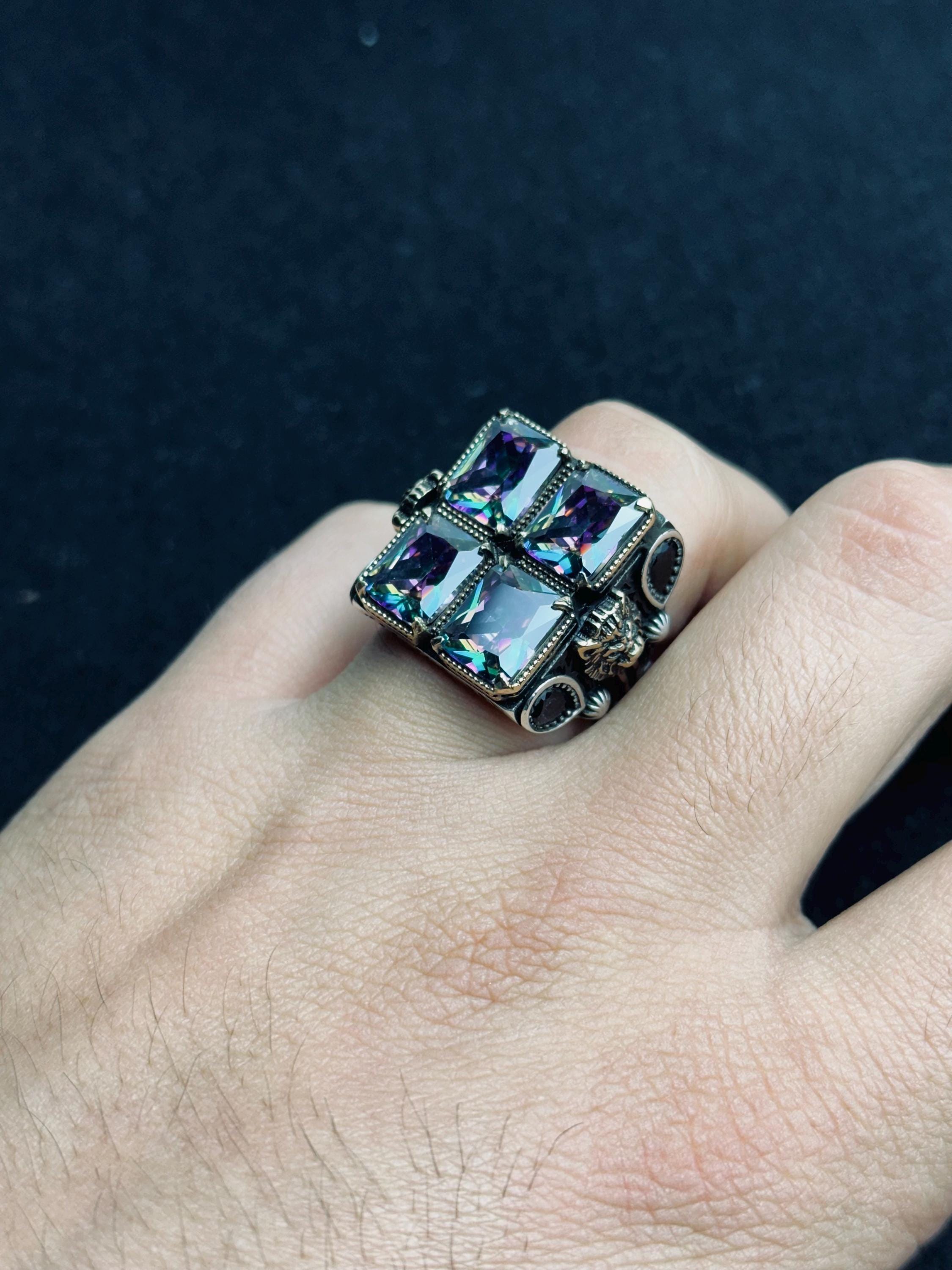 Men’s Lion Ring, Sterling Silver, Mystic Topaz Stones (Bold Statement)