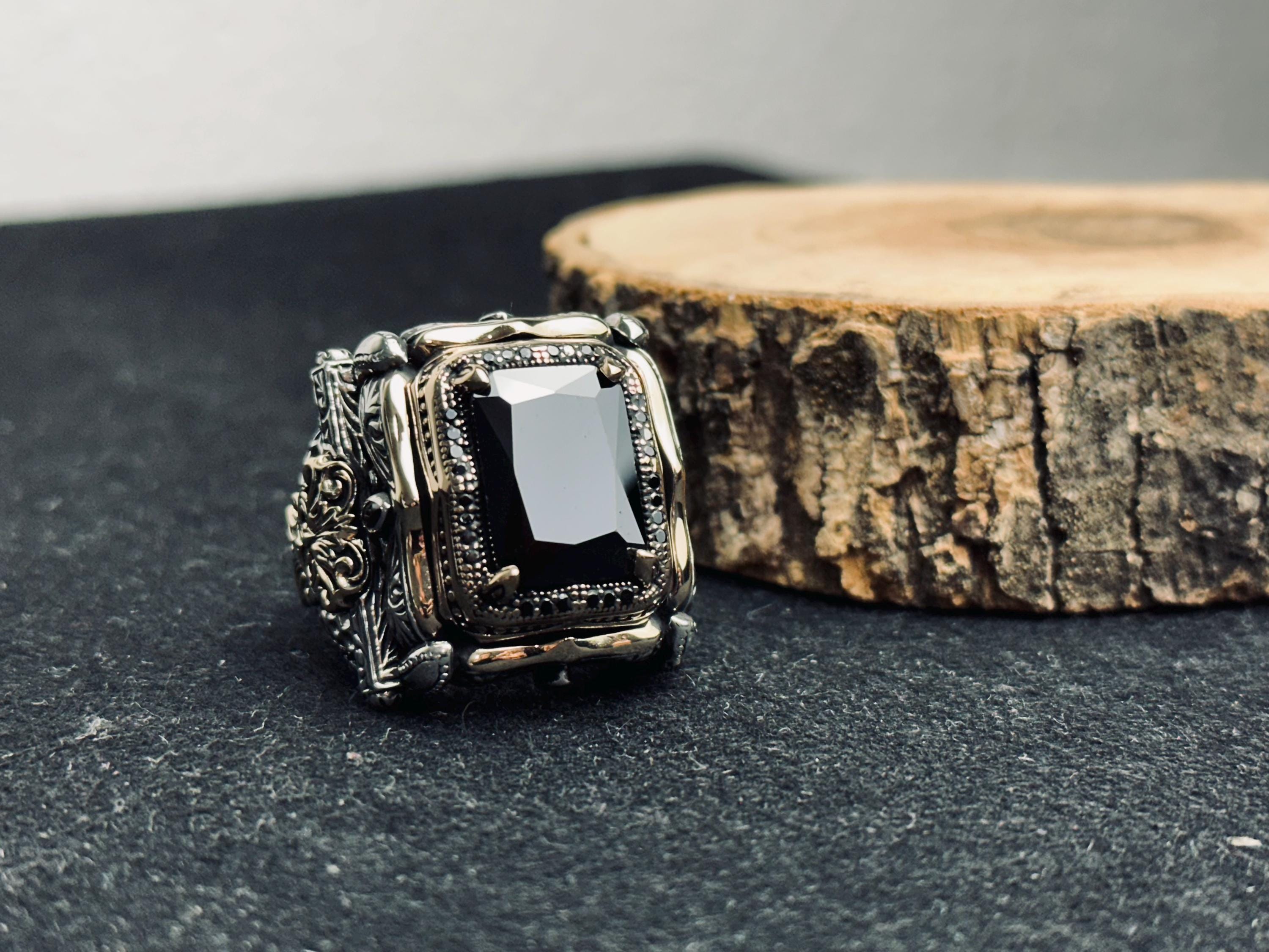 Black Zircon King Ring, 925 Sterling Silver Gothic Statement Jewelry